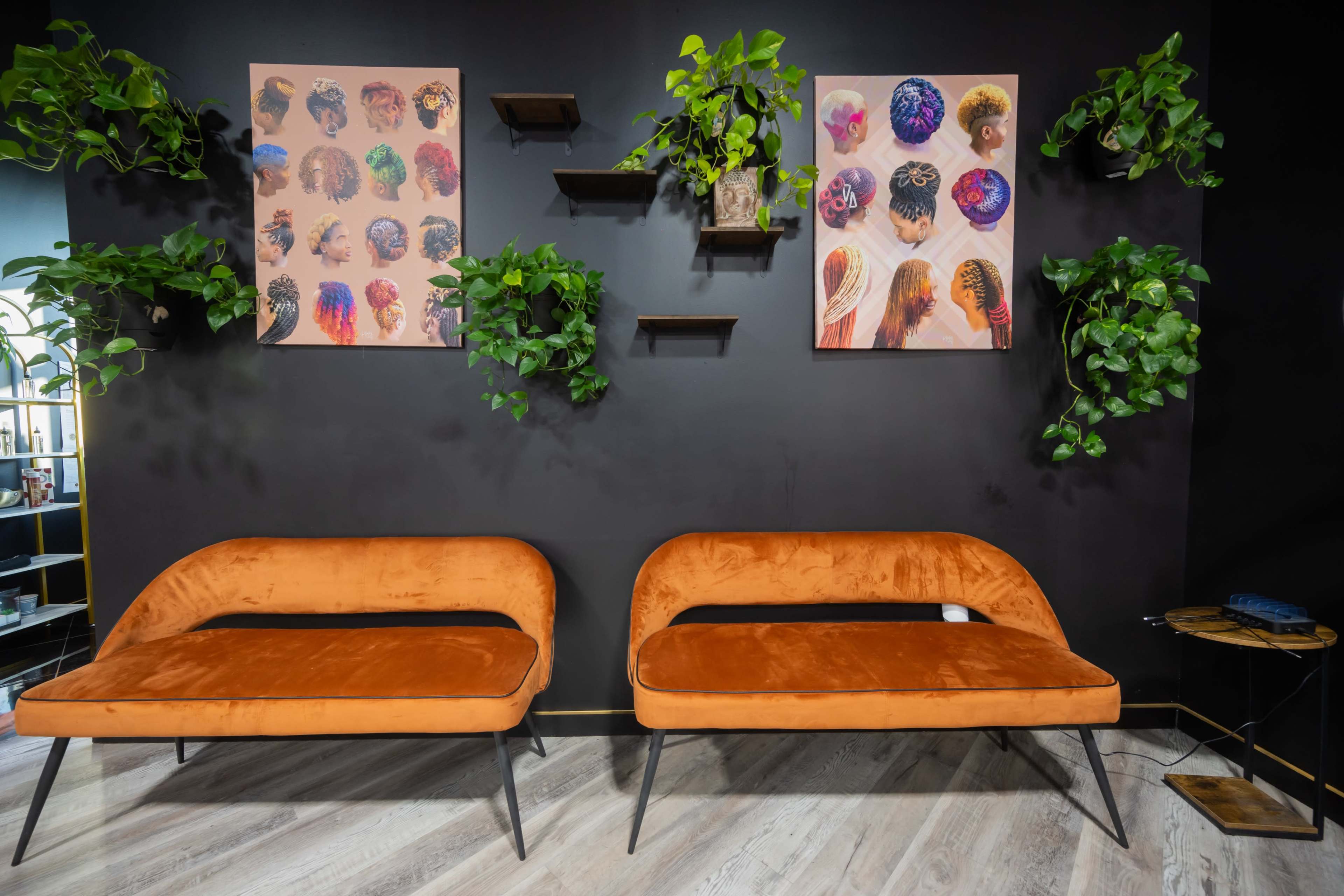 The image shows two orange velvet sofas positioned in front of a black wall adorned with colorful artwork and green plants.