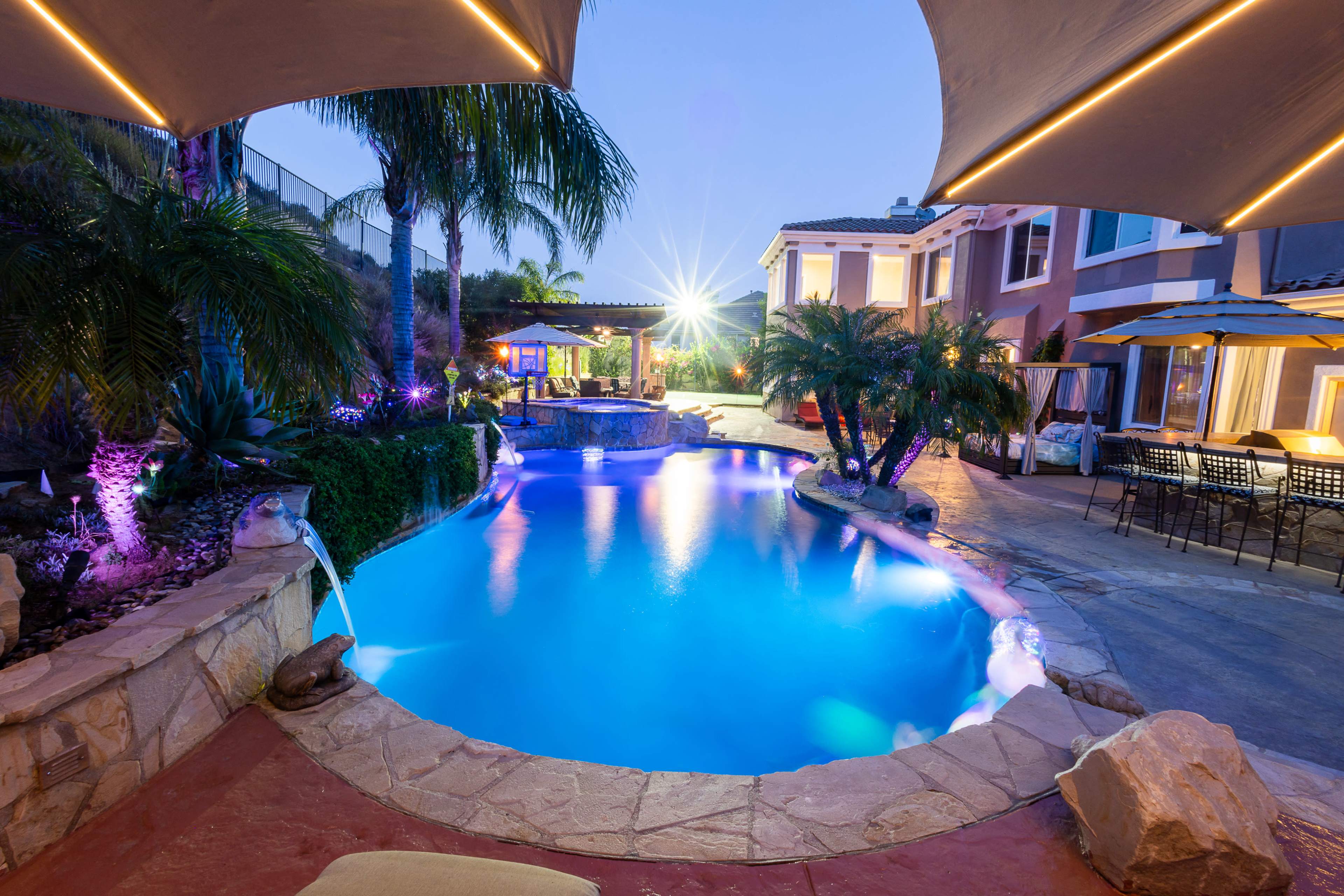 The image shows a well-lit backyard pool area with palm trees and seating, surrounded by a landscaped garden and a covered patio.