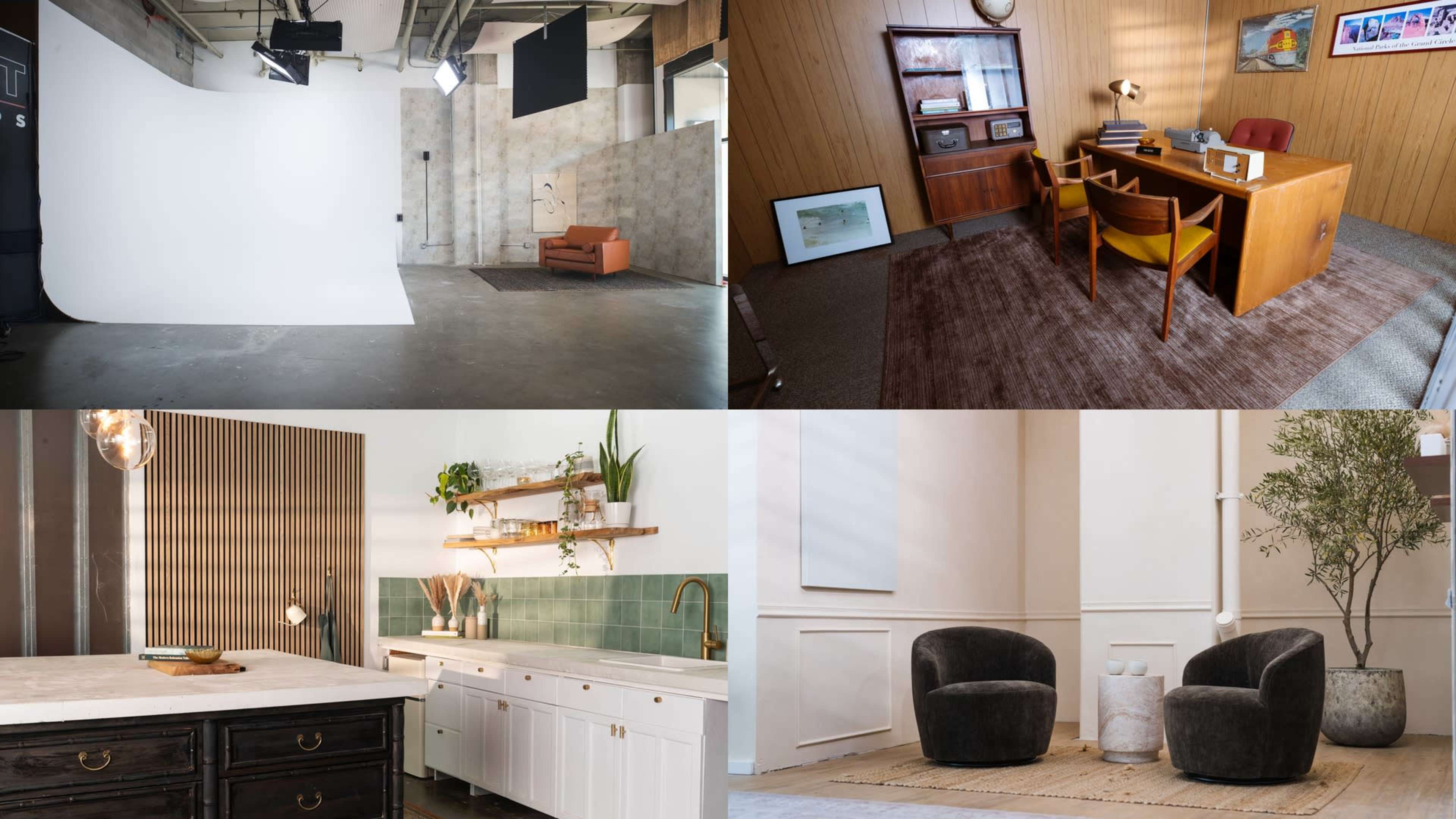 The image features four distinct interior scenes: a bright, empty studio with a white backdrop and a single chair; a retro office space with wooden paneling, a desk, and a chair; a stylish kitchen with modern cabinetry and decor; and a minimalist living area with two dark chairs on a textured rug