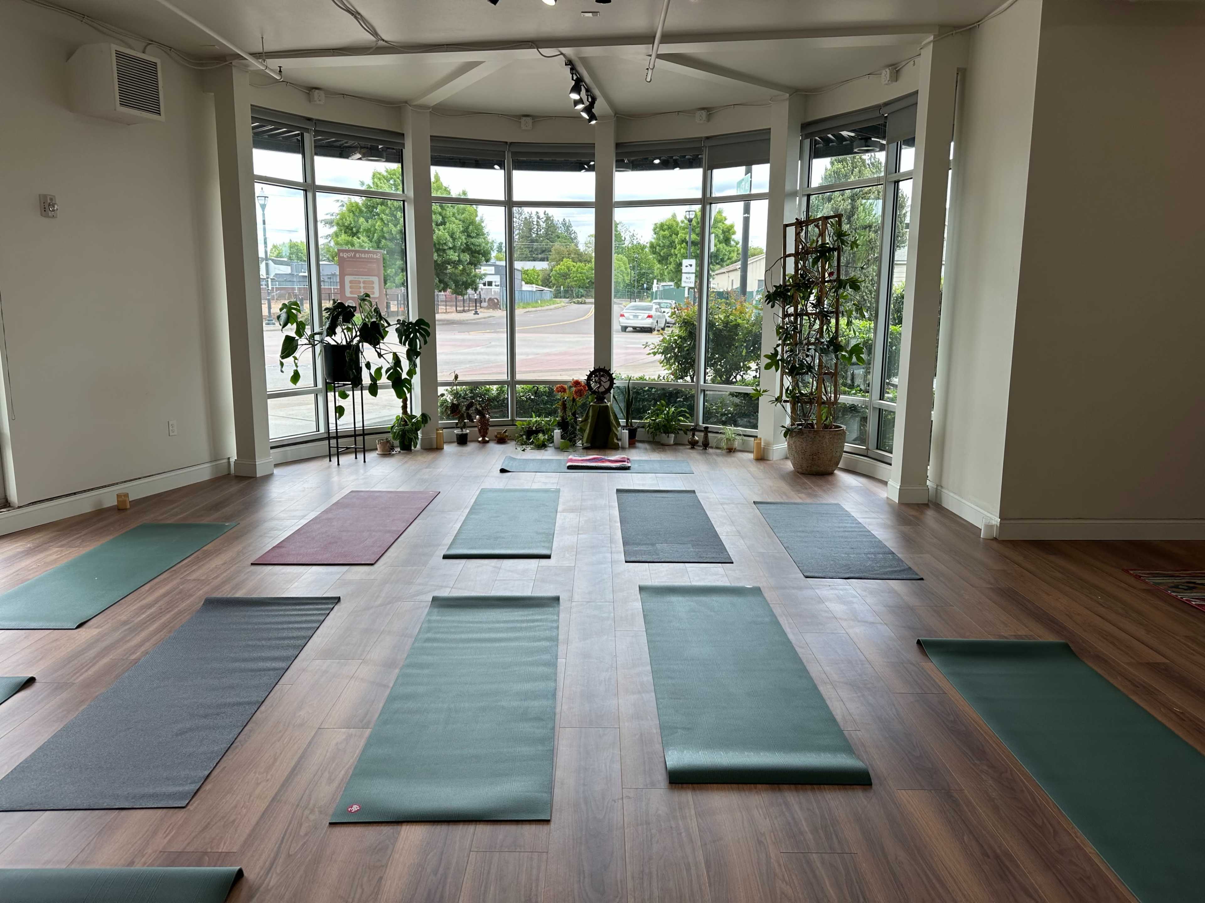 The image shows a bright, peaceful yoga studio with several yoga mats arranged in parallel rows on a wooden floor, surrounded by large windows and plants.
