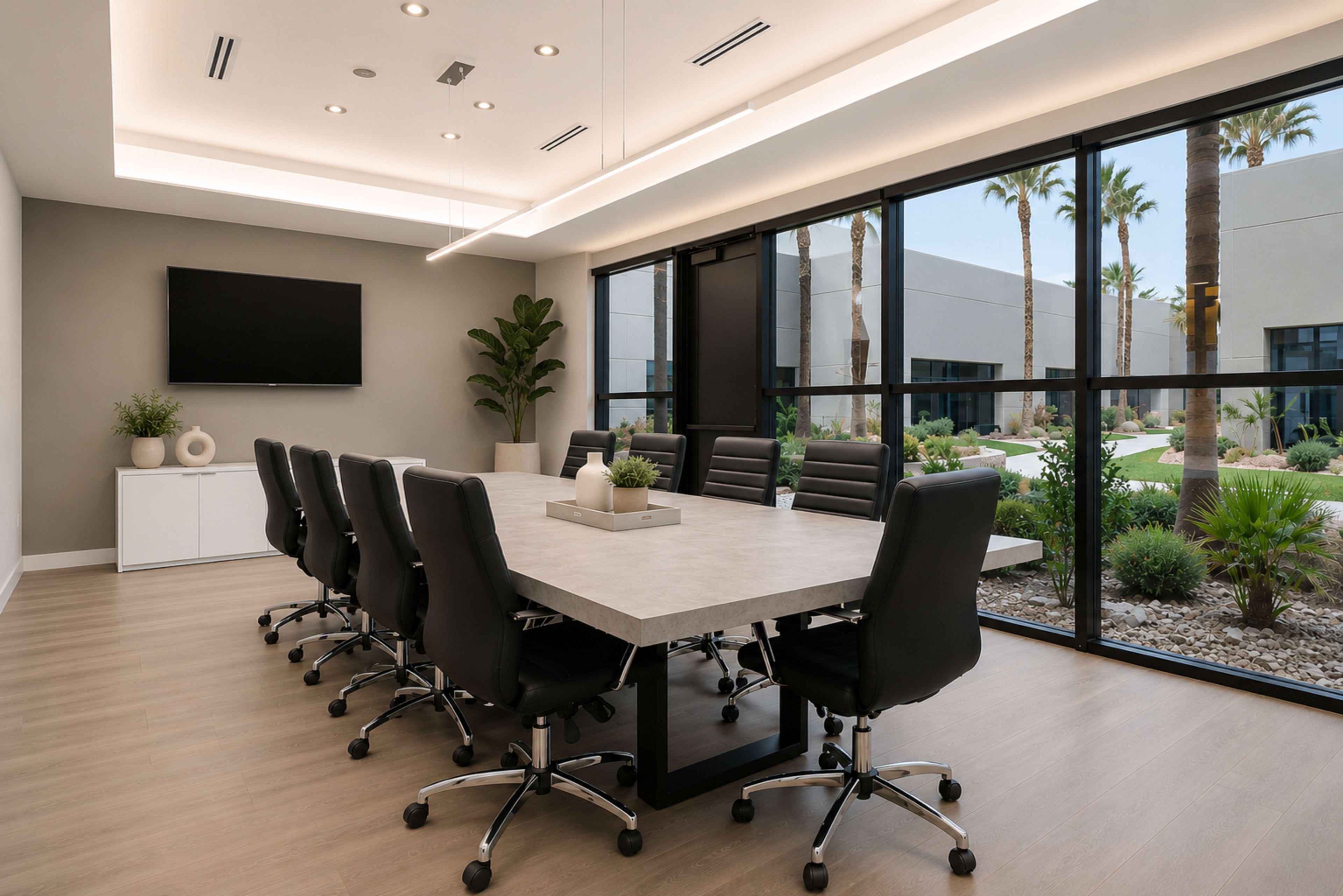 A conference room features a long table surrounded by ergonomic black chairs, with large windows showcasing a landscaped outdoor area.