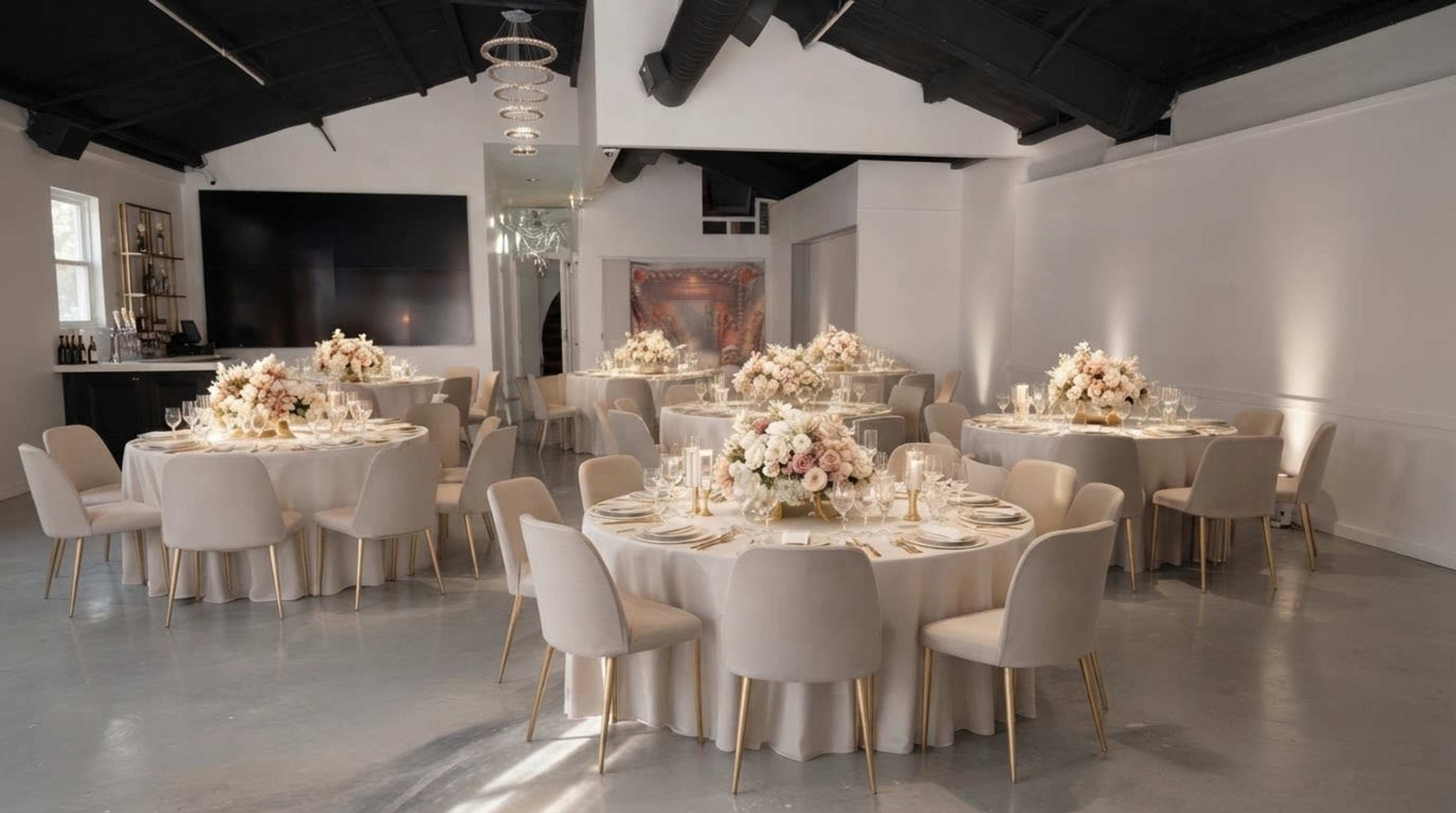 The image shows a stylish event space with round tables adorned with floral centerpieces and elegant table settings.