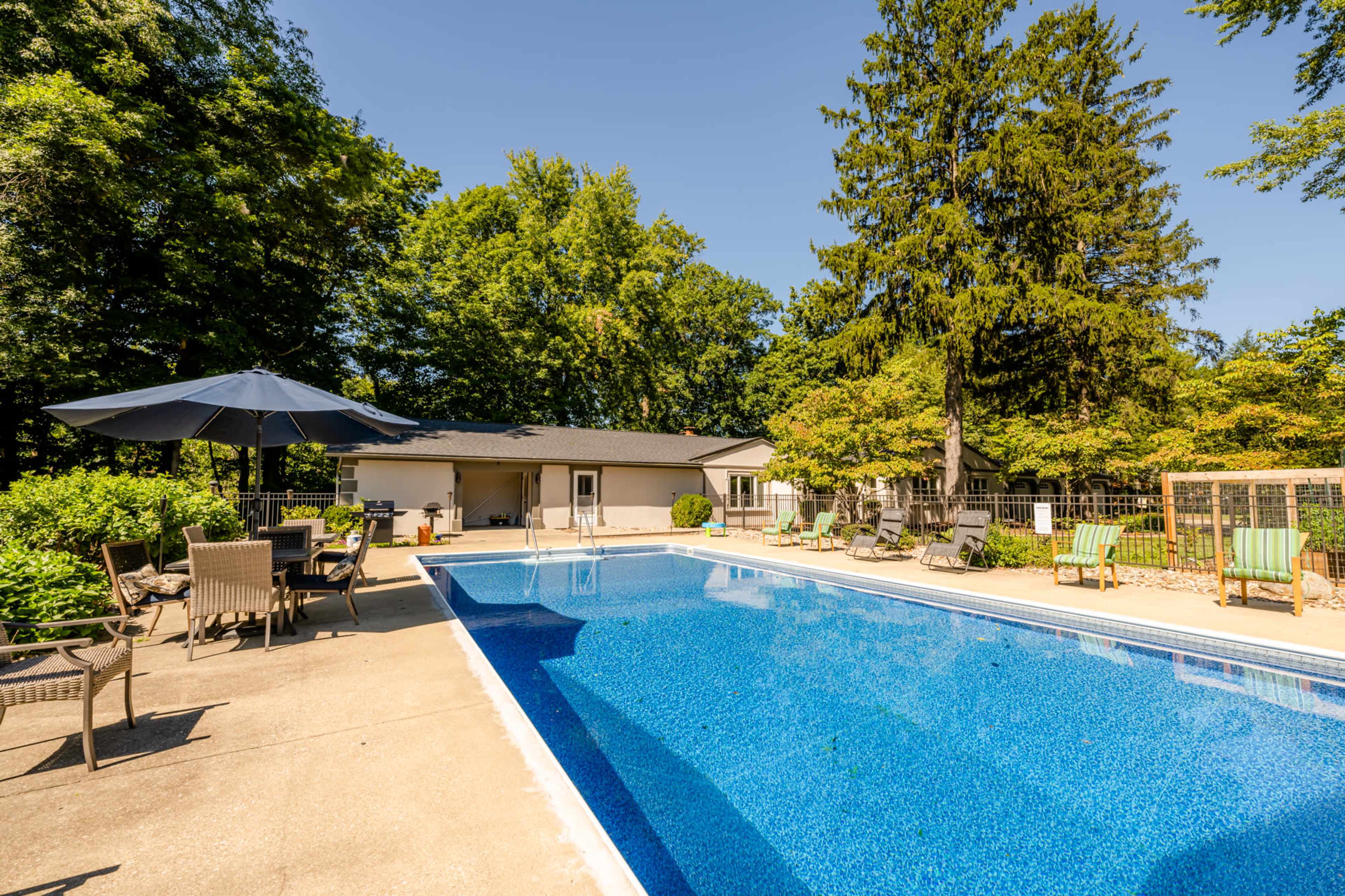 A clear swimming pool surrounded by patio furniture and a wooded area in the background.
