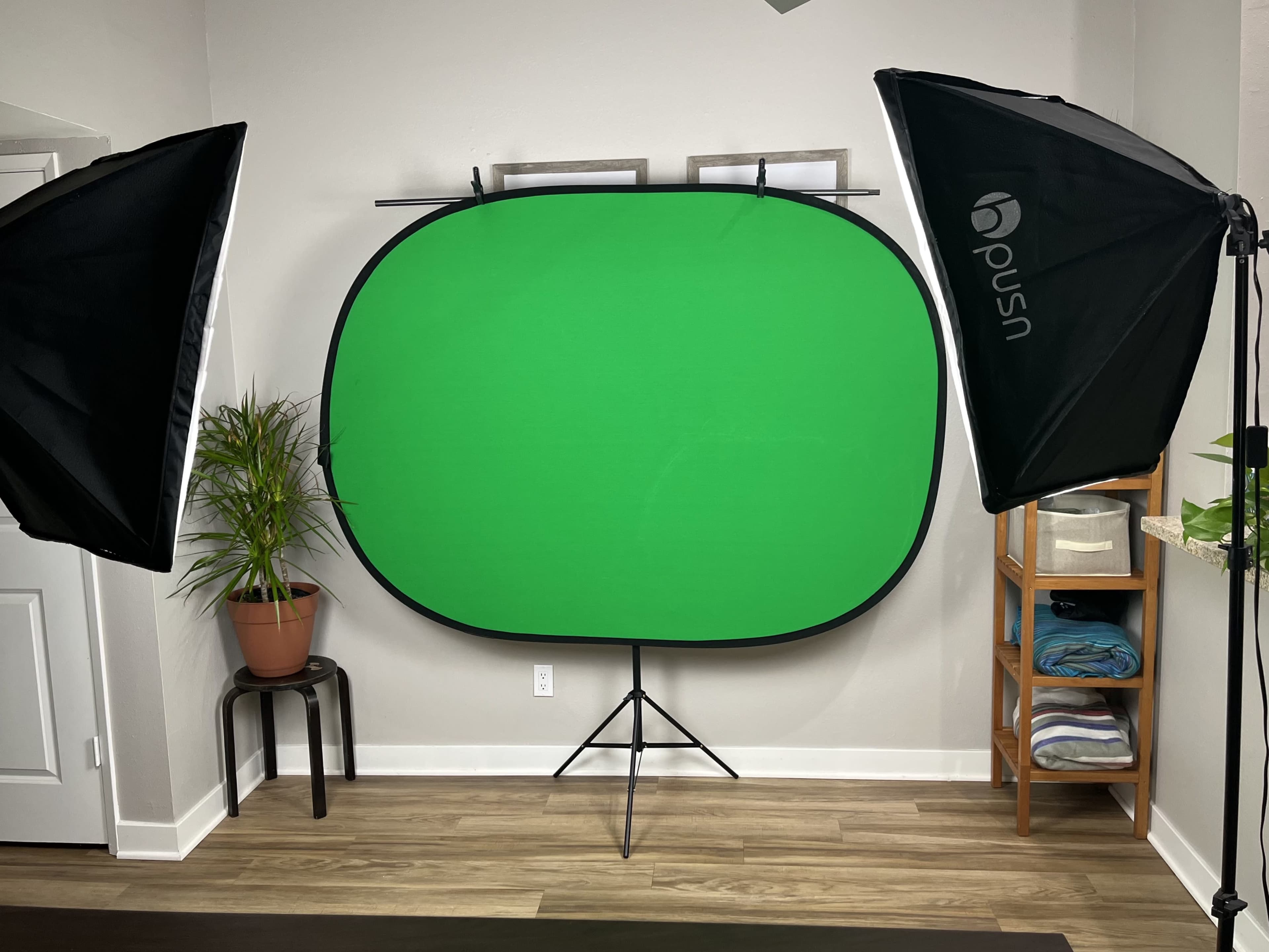 The image shows a room with a green screen setup, flanked by two softbox lights and a potted plant.