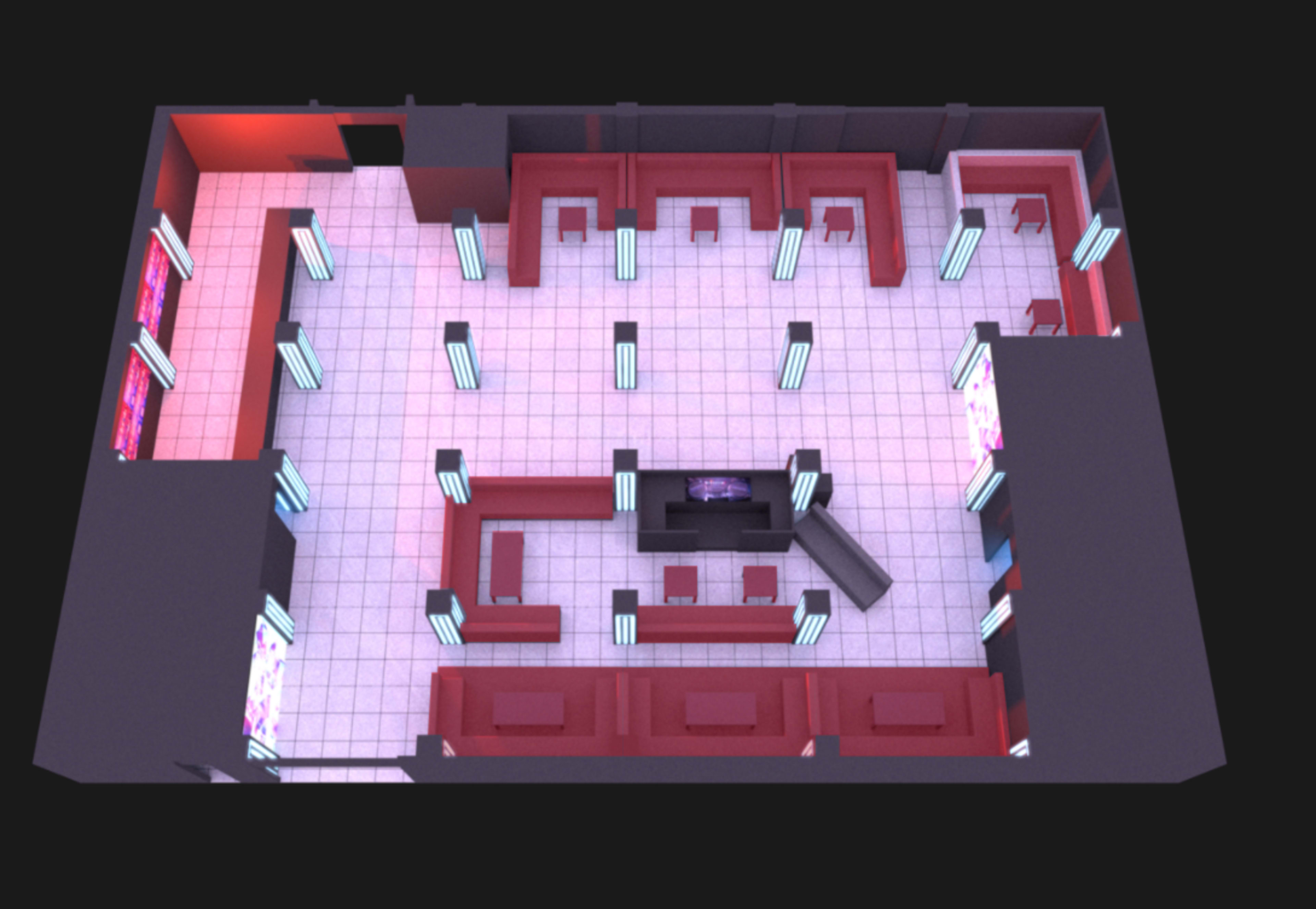 A floor plan of a rectangular room with a central reception area, seating sections along the walls, and multiple vertical light fixtures.