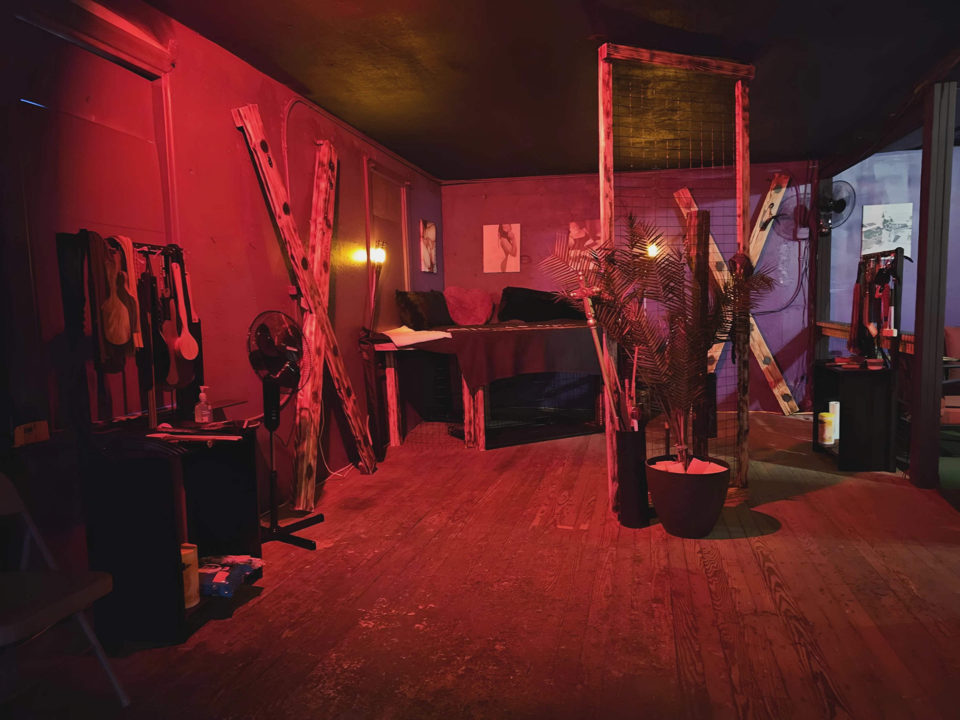 A dimly lit interior space with red lighting, featuring wooden structures, plants, and various items arranged around the room.