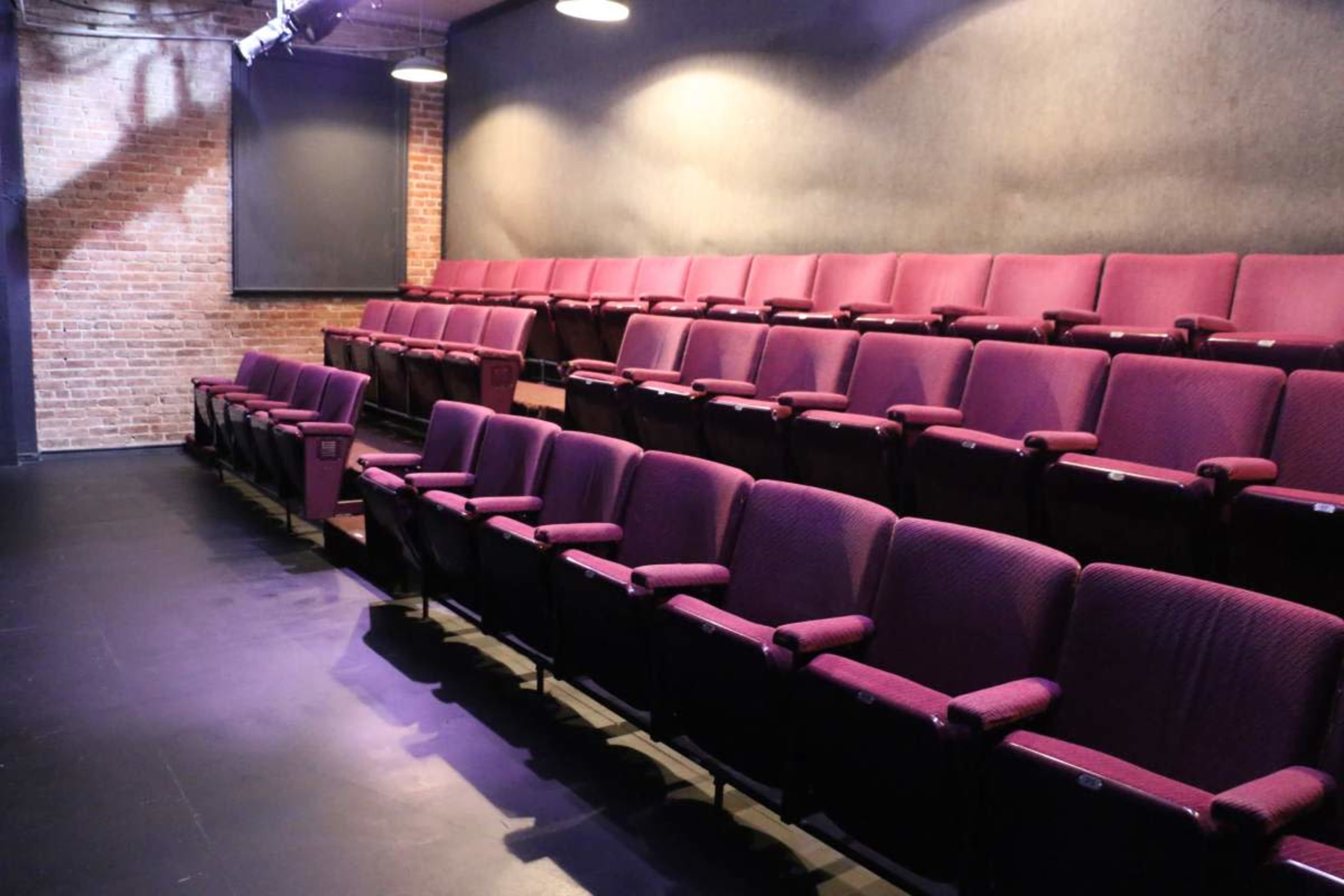 The image shows a row of empty maroon theater seats arranged in a dimly lit auditorium with exposed brick walls.