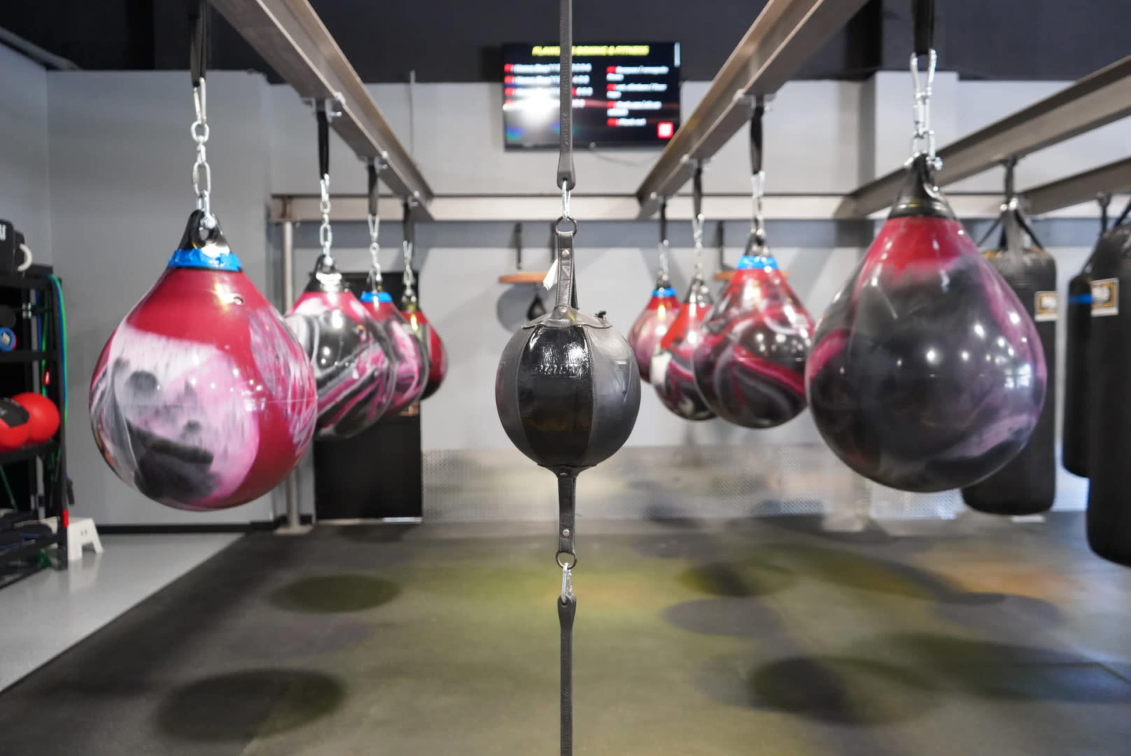 A row of hanging speed bags in a boxing gym, with a scoreboard visible in the background.