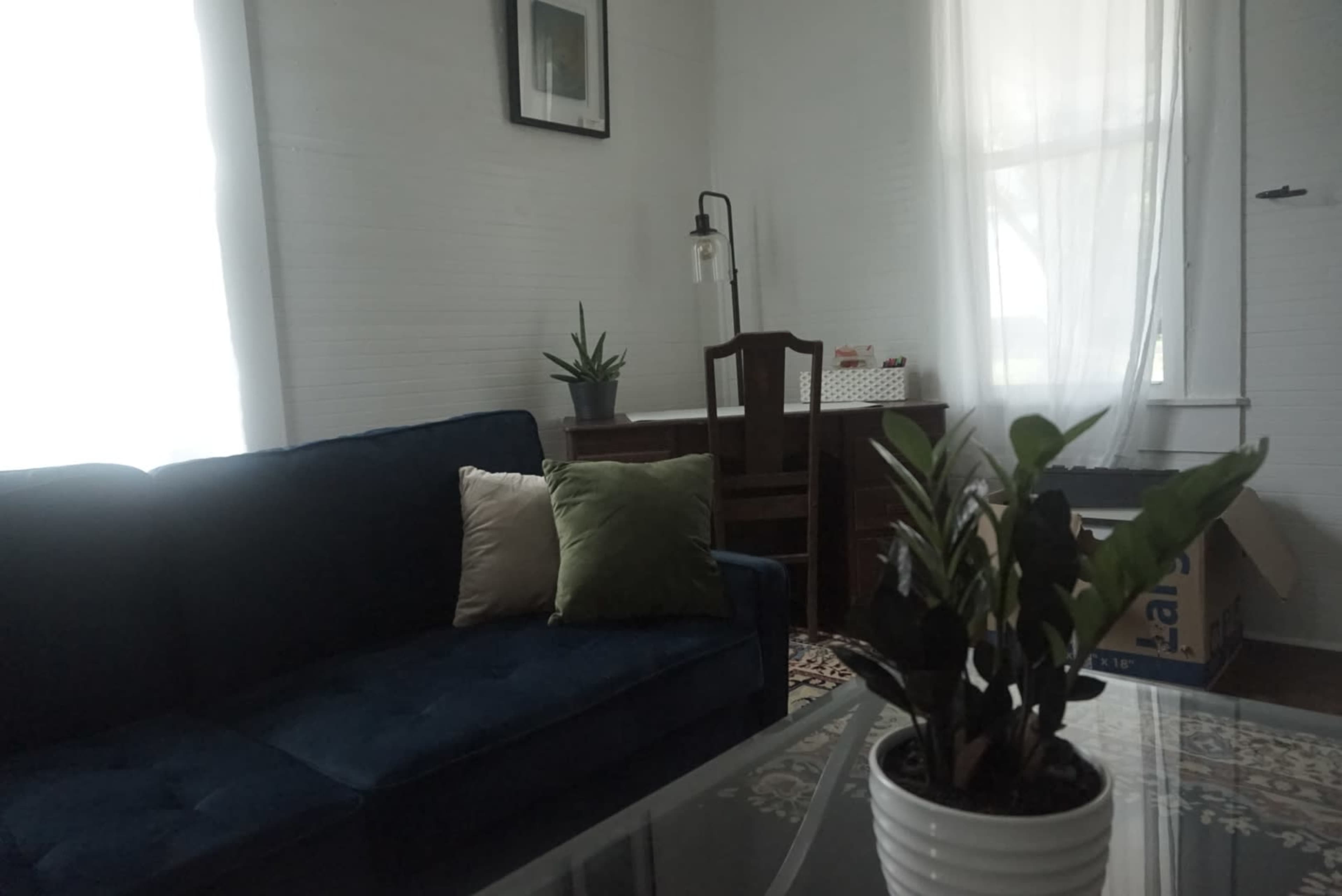 A living room features a blue couch, a small table with a plant, and a wooden desk with a chair in a well-lit space.