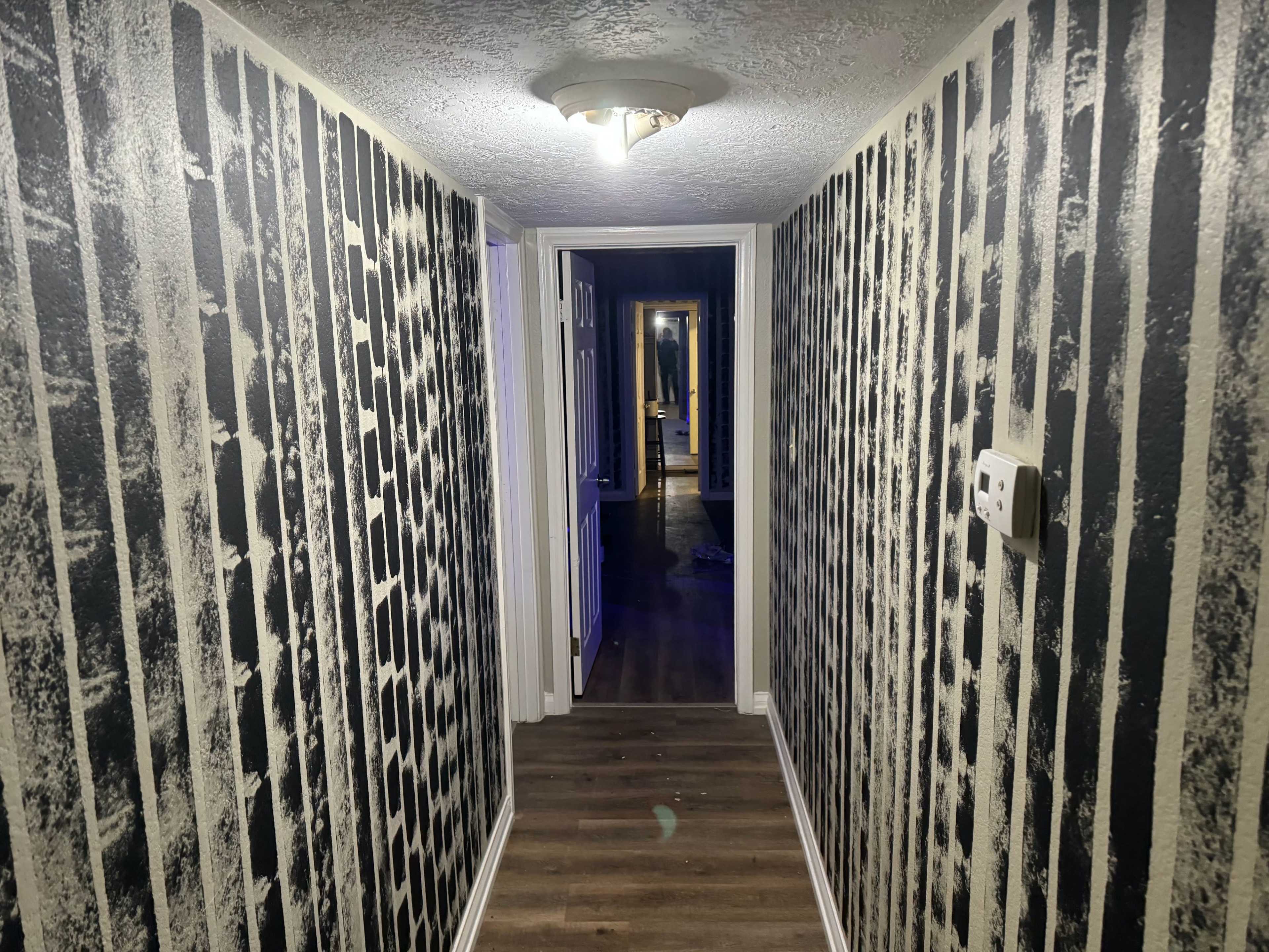 A narrow hallway lined with striped black and white wallpaper, leading to a door at the far end.