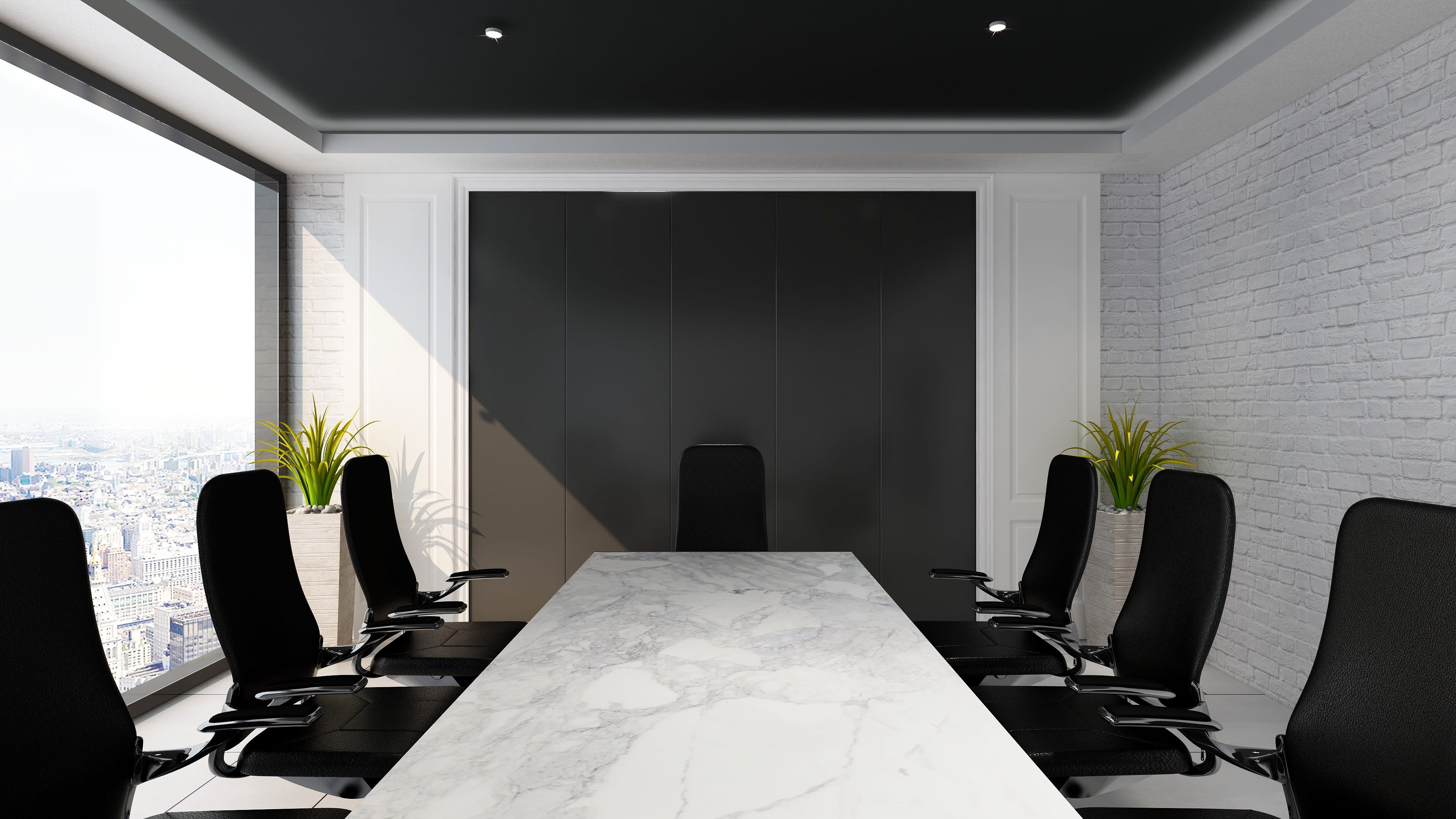 A modern conference room features a long marble table surrounded by black ergonomic chairs and large windows overlooking a cityscape.