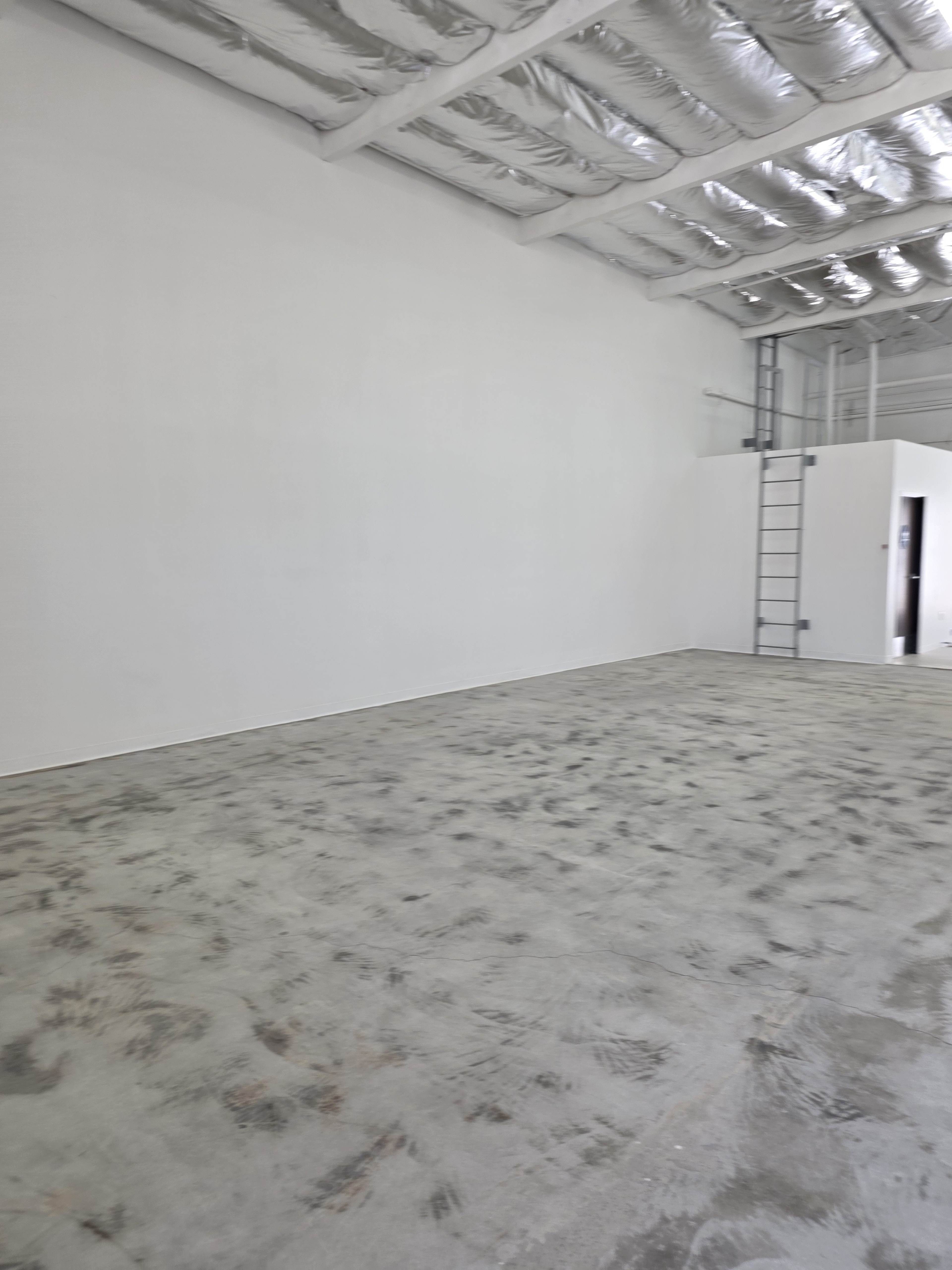 The image shows a spacious, empty room with a concrete floor and a white wall, featuring a ladder against one side.