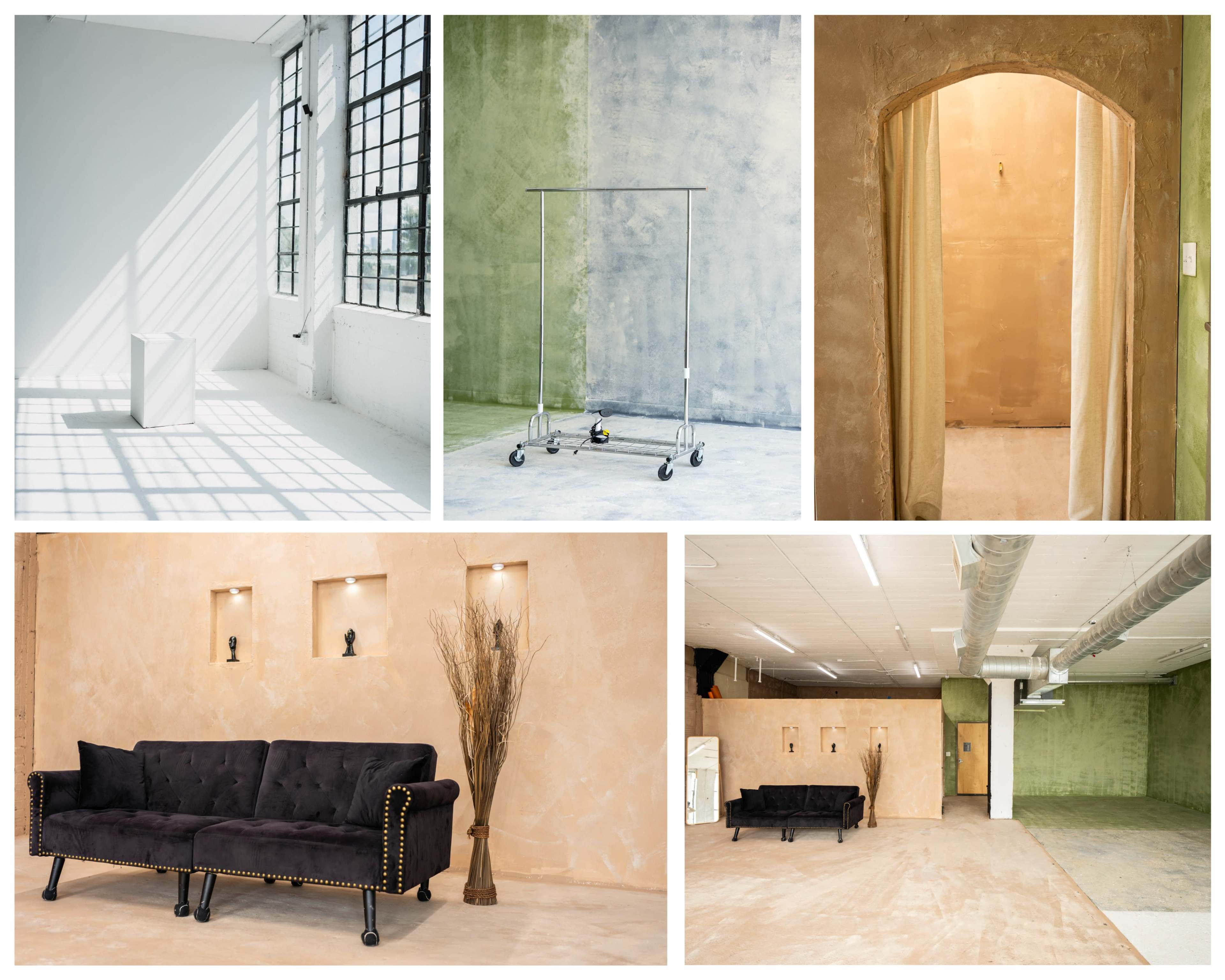 The image features various interior spaces, including a bright room with large windows, an empty hallway, a clothing rack on wheels, a minimalist black sofa, and textured walls in neutral tones.