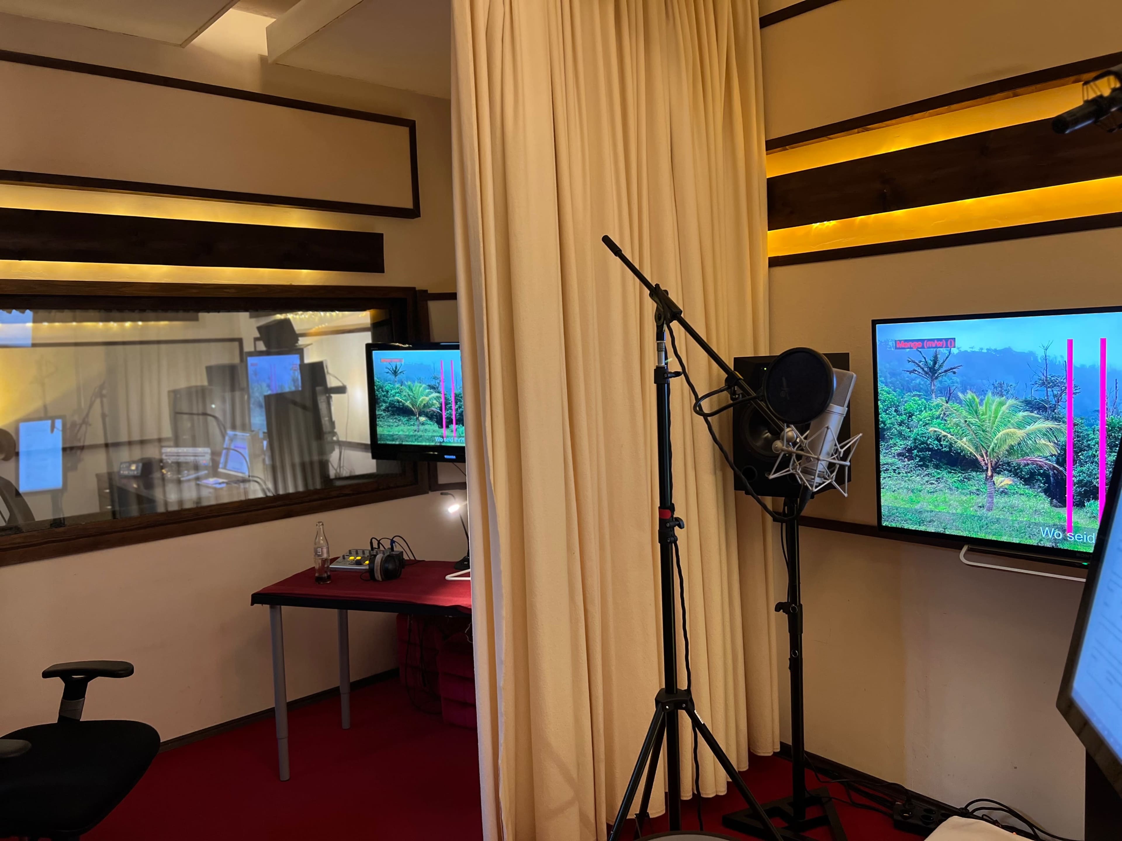 A recording studio with two screens displaying a nature scene, a microphone setup, and a red carpeted floor.