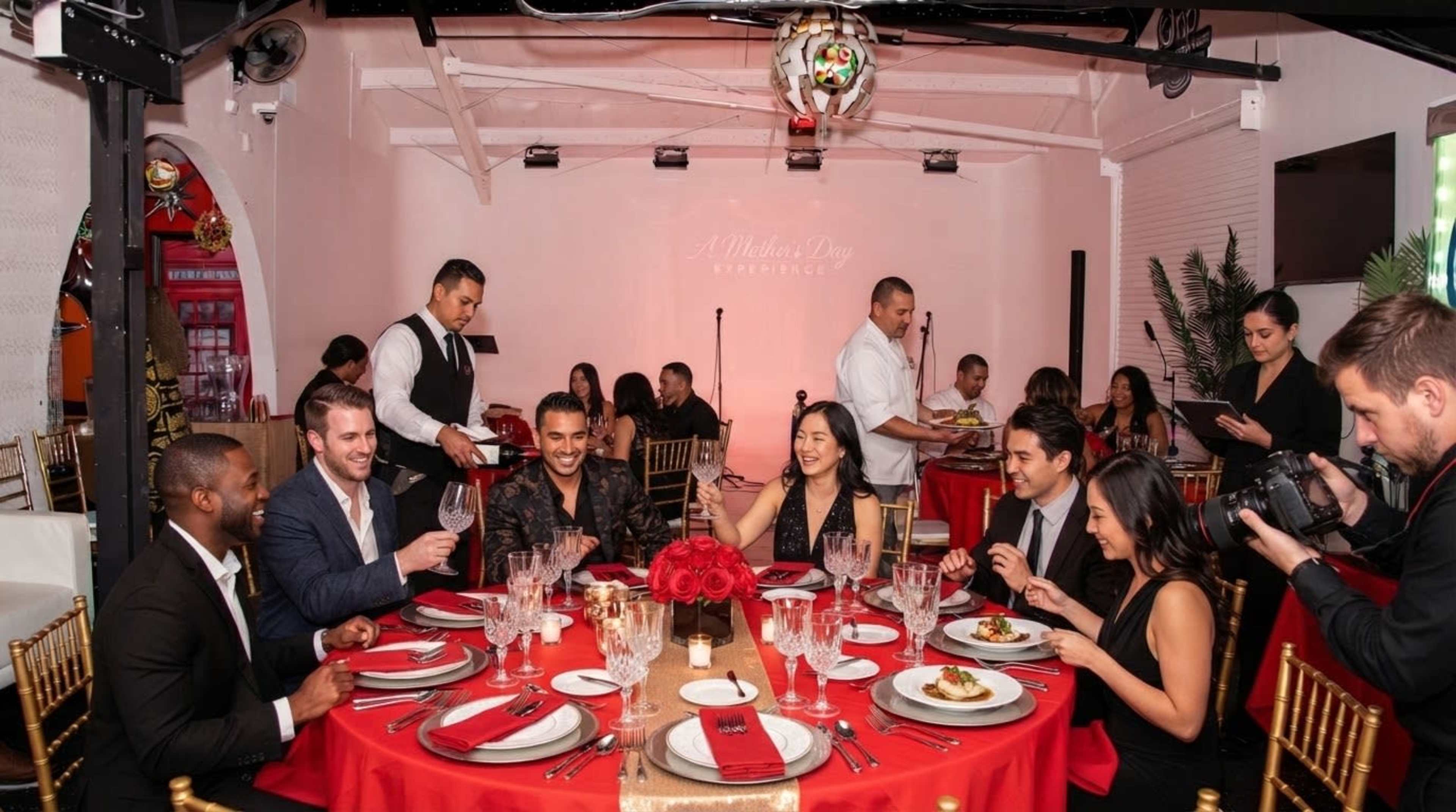 The image shows a group of well-dressed individuals seated at an elegantly set dining table with red tablecloths and crystal glassware, engaged in conversation during a formal event.