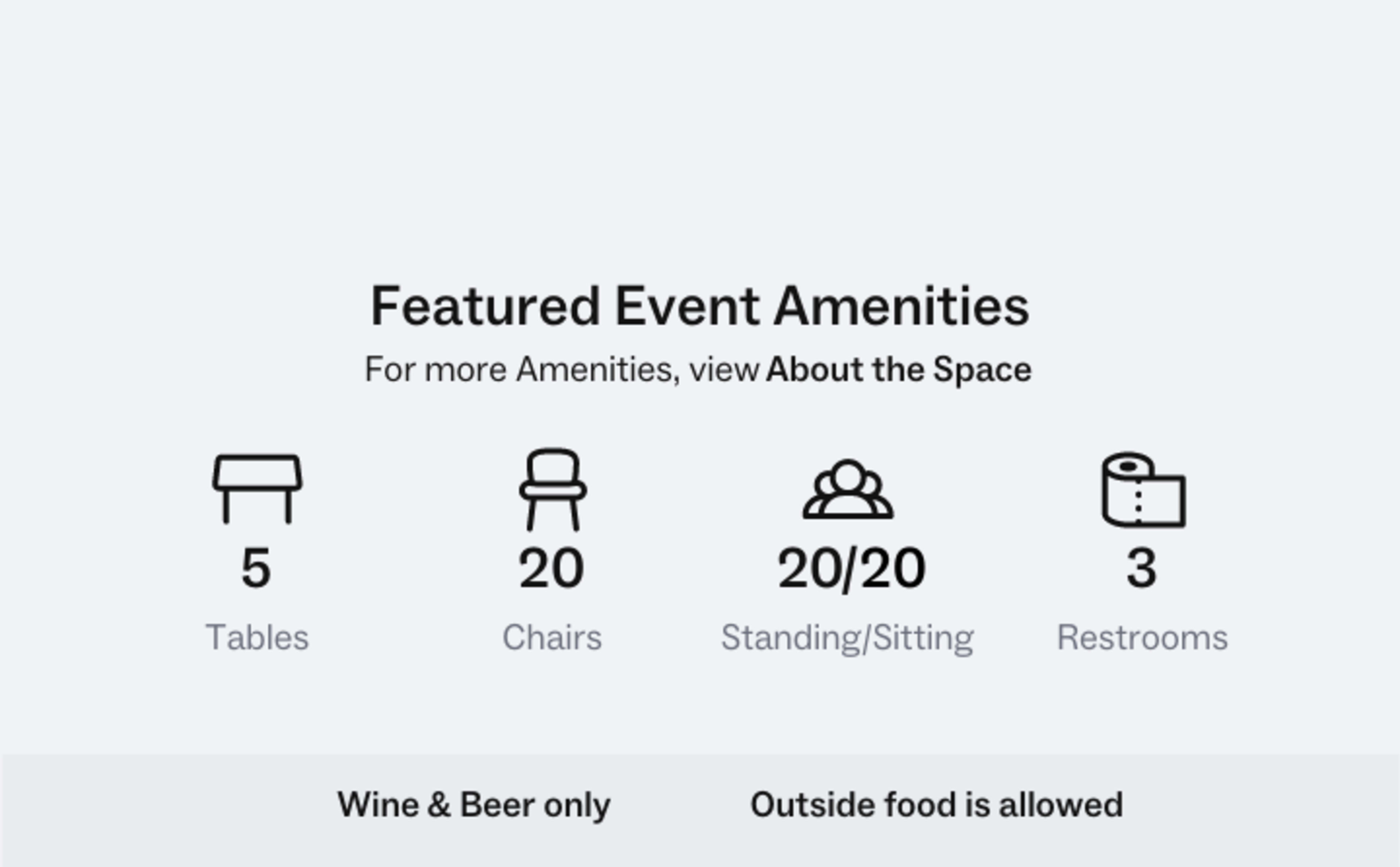A list of featured event amenities, including 5 tables, 20 chairs, capacity for 20-30 standing or sitting, and 3 restrooms, with additional notes on allowed beverages and outside food.