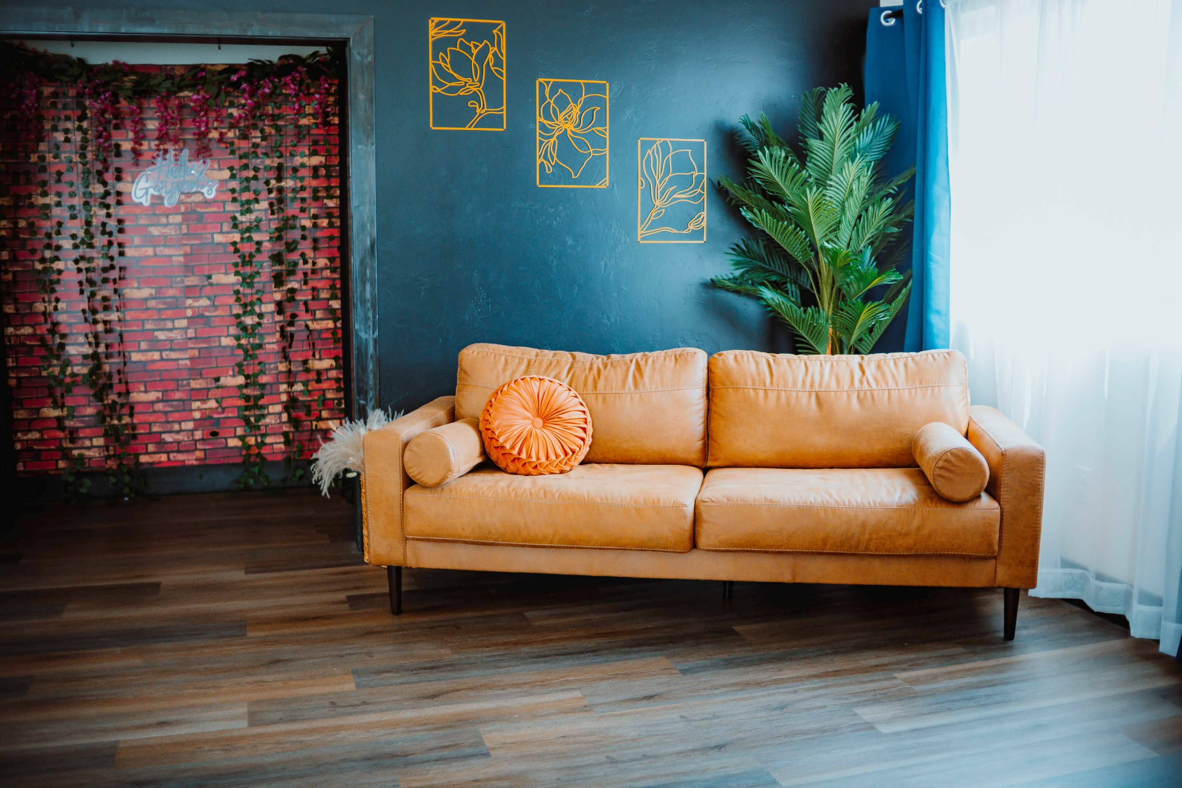 The image shows an orange couch with two cushions, positioned against a teal wall adorned with floral artwork and a pink brick backdrop covered in green vines.