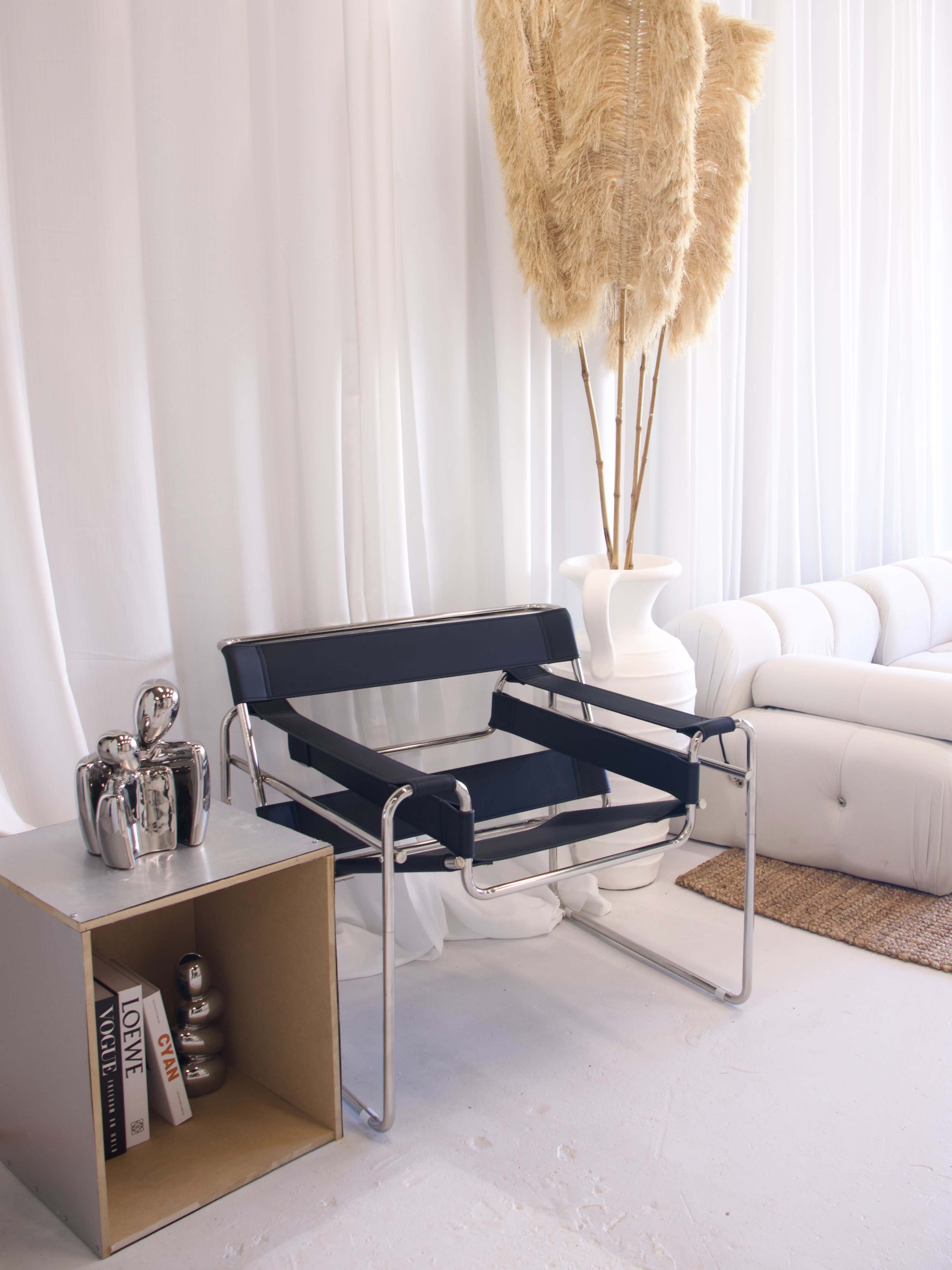 A modern room features a black and chrome chair next to a boxed table holding decorative items, with tall, dried plants in the background.