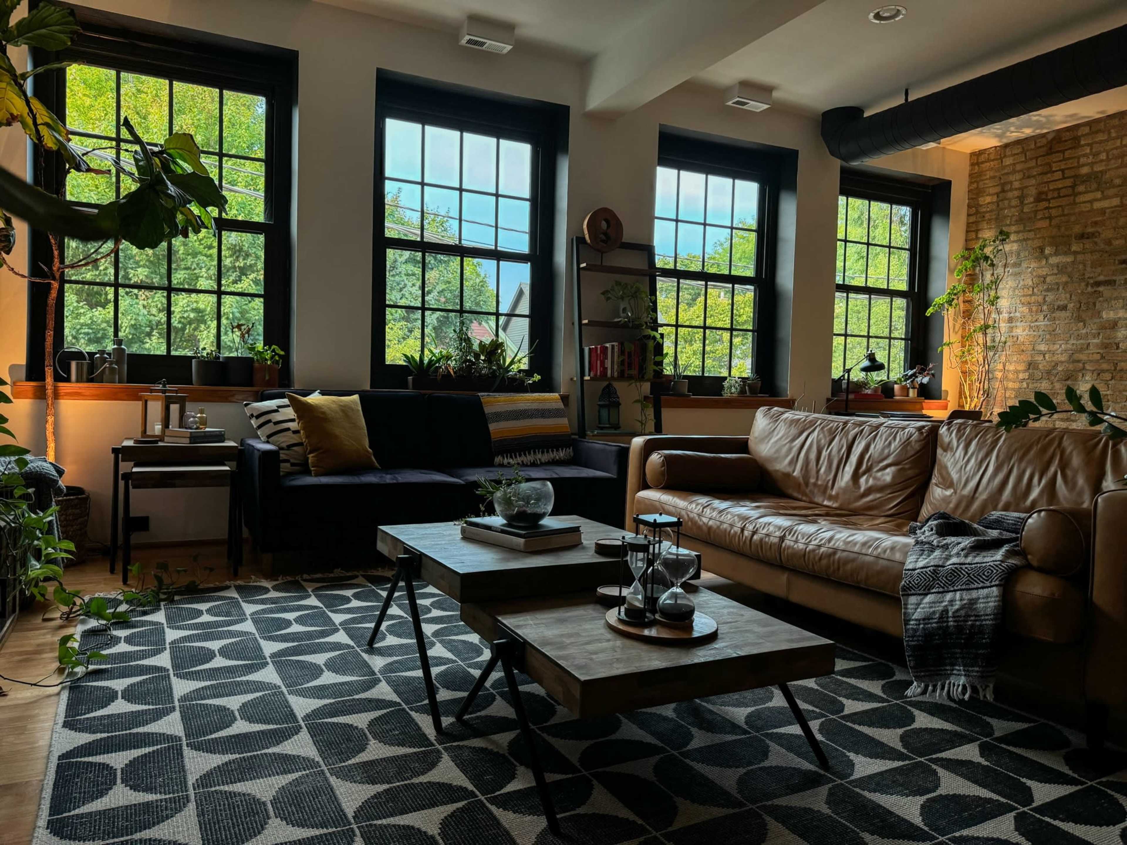 The image shows a cozy living room with large windows, a leather sofa, and a coffee table surrounded by various plants and decorative elements.