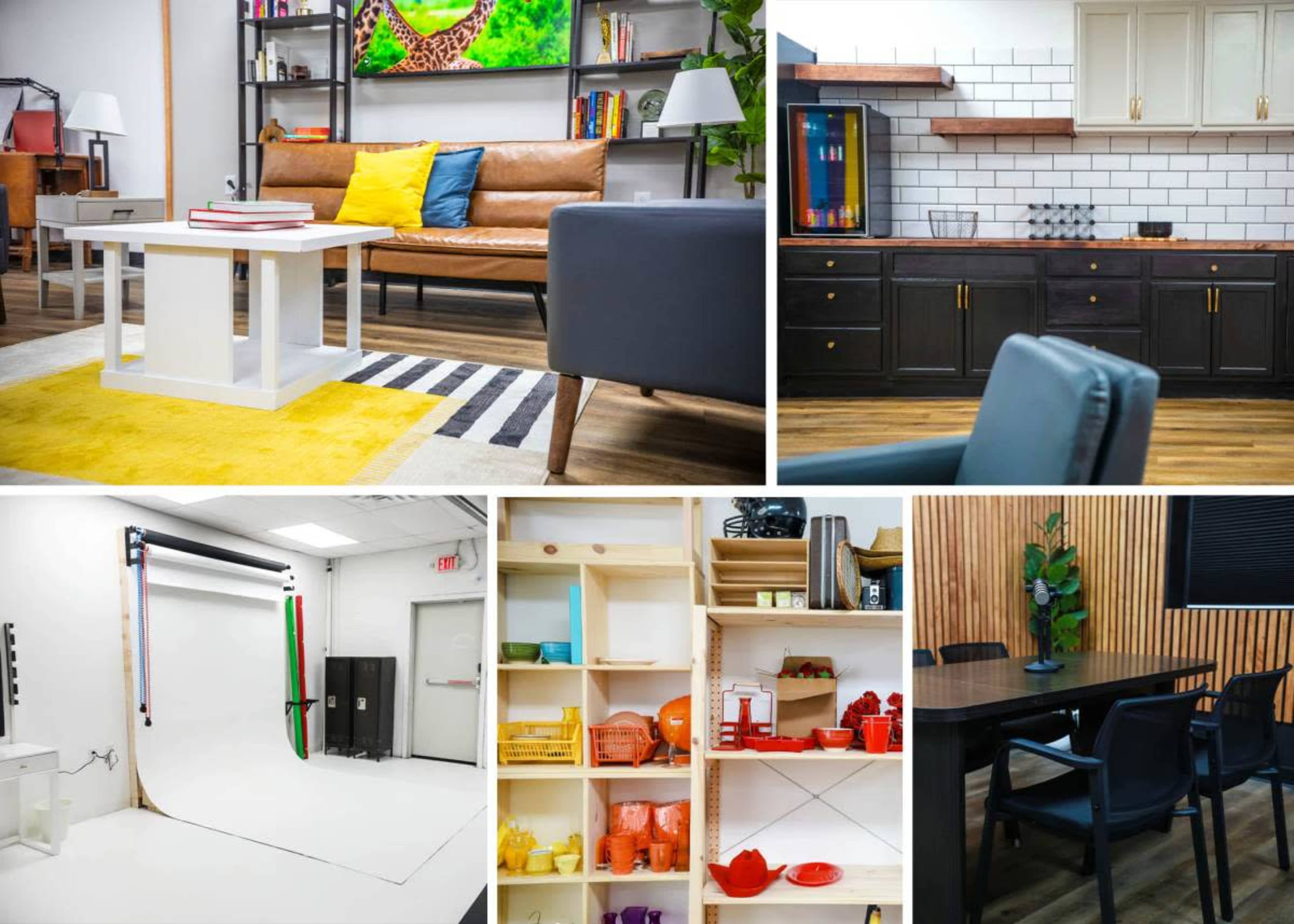 The image showcases a modern interior featuring a living area with a couch and decorative items, a kitchen with cabinets and open shelving, a photography backdrop setup, and organized storage shelves containing kitchenware.