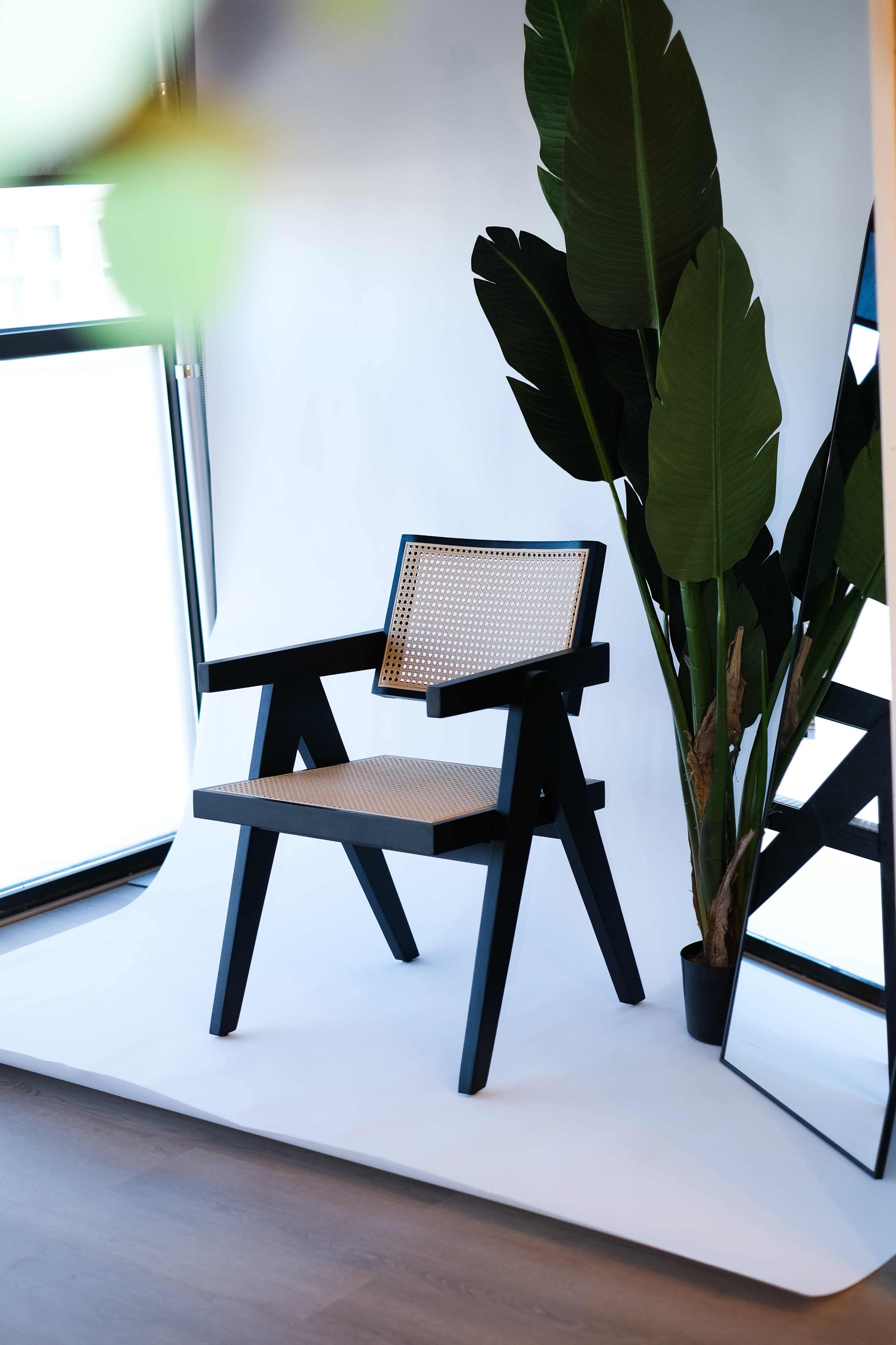 A black wooden chair with a woven seat is positioned beside a large plant and a standing mirror against a plain background.