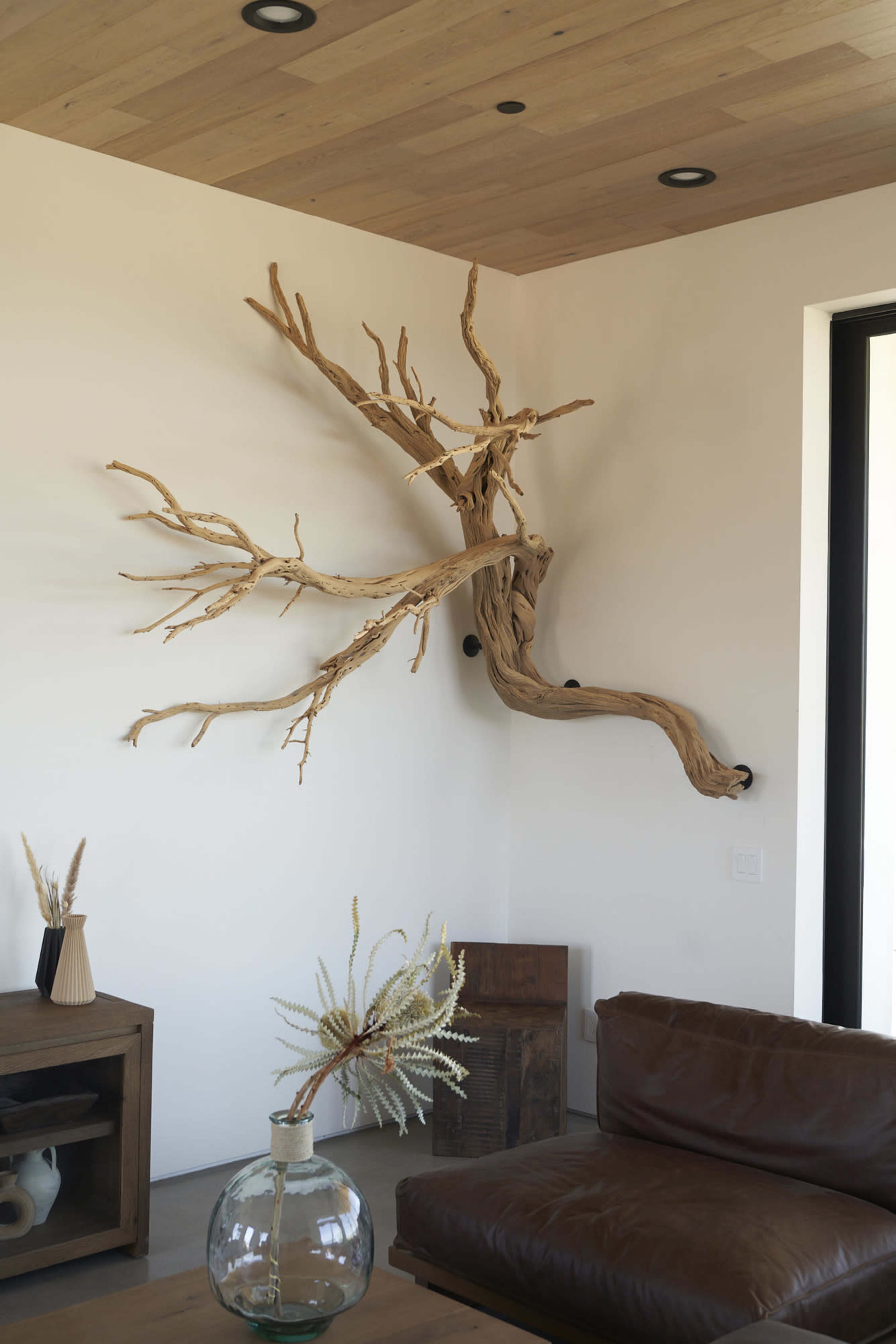 A large piece of driftwood extends from the wall in a modern living space, accompanied by a glass vase and a low wooden table.