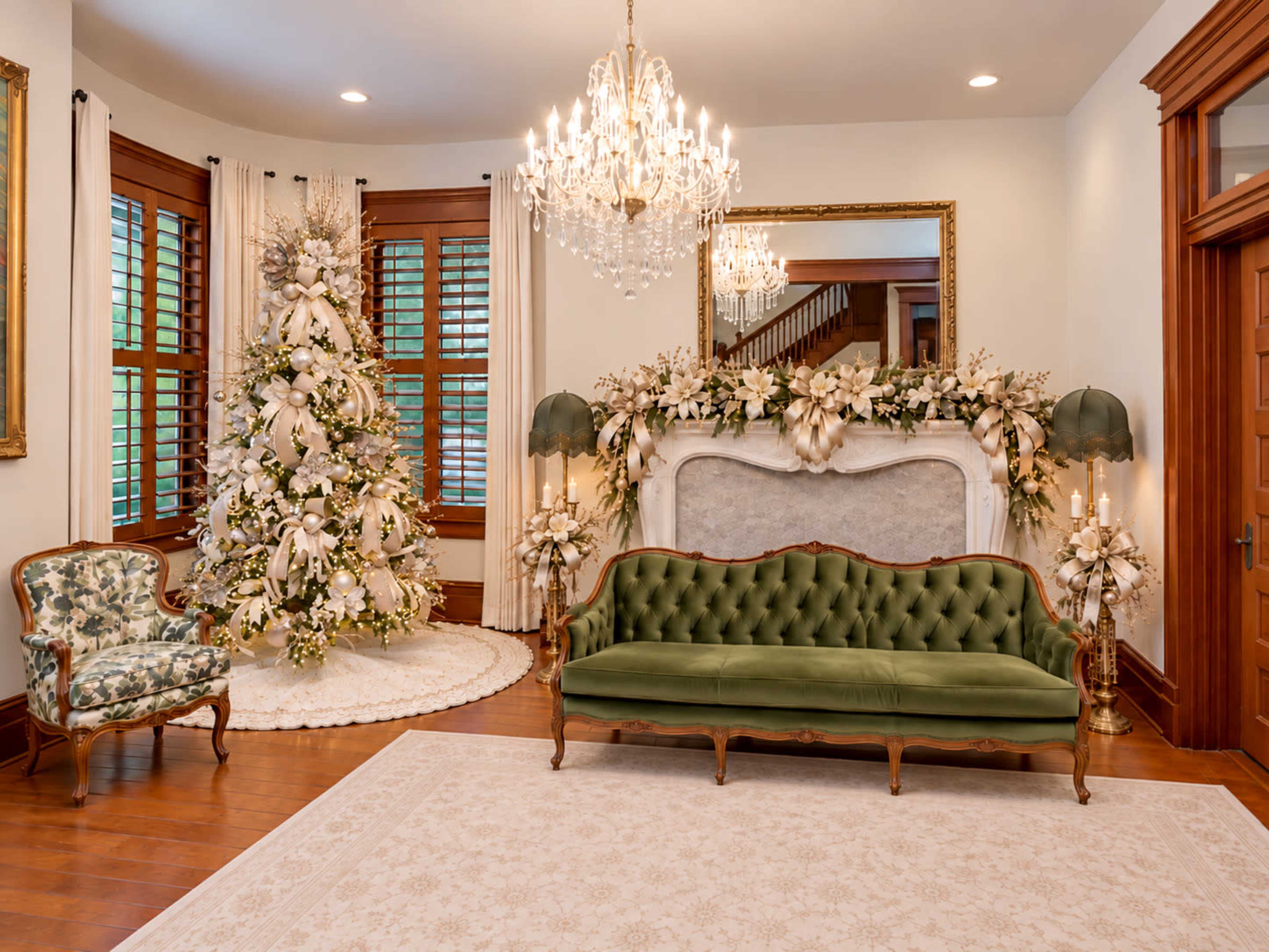 The image shows a elegantly decorated living room featuring a green velvet sofa, an ornate chandelier, a Christmas tree adorned with white decorations, and a fireplace flanked by floral arrangements.