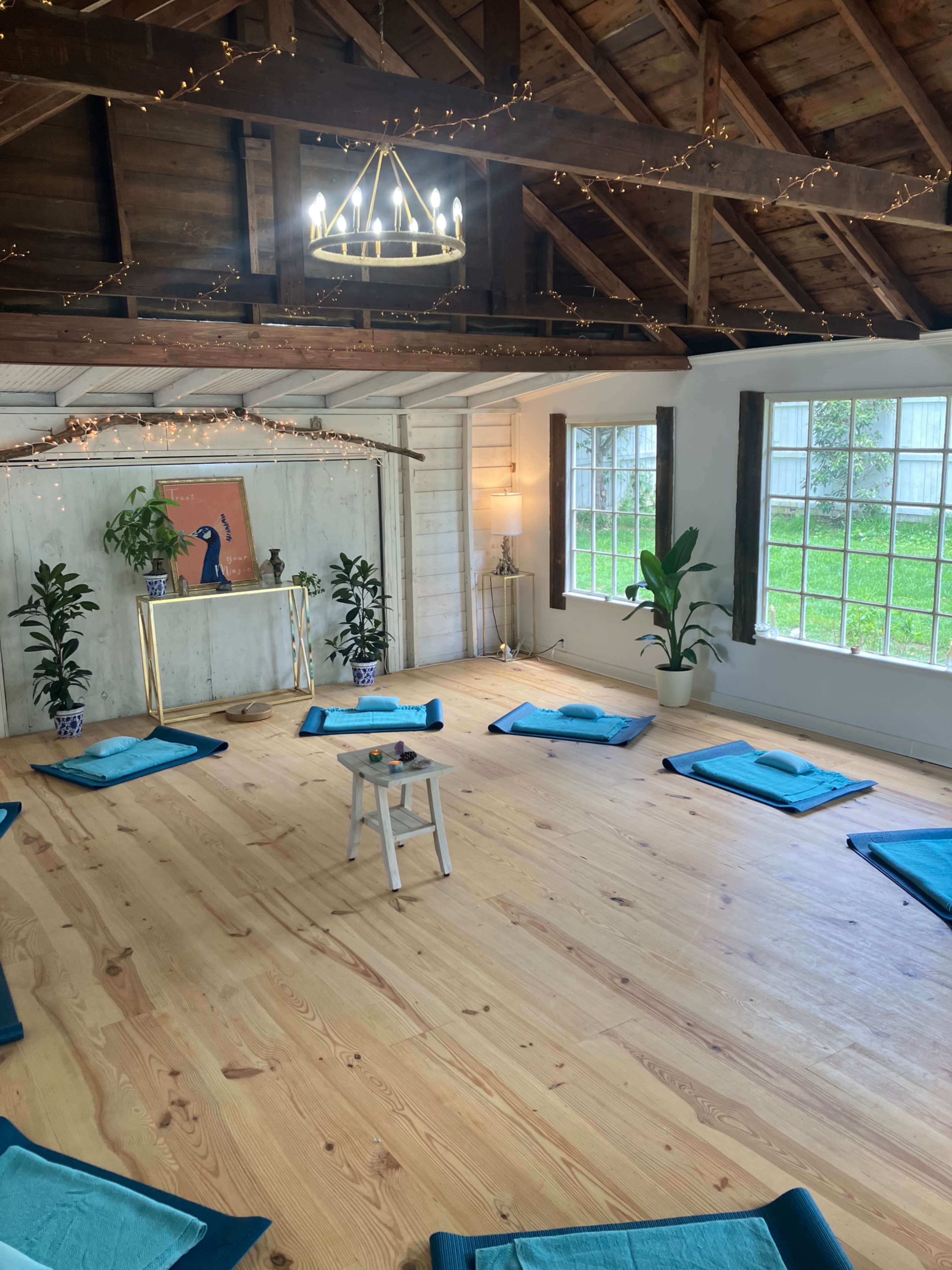 A serene interior space is arranged with blue mats on a wooden floor, surrounded by plants and softly lit by a chandelier and natural light from large windows.