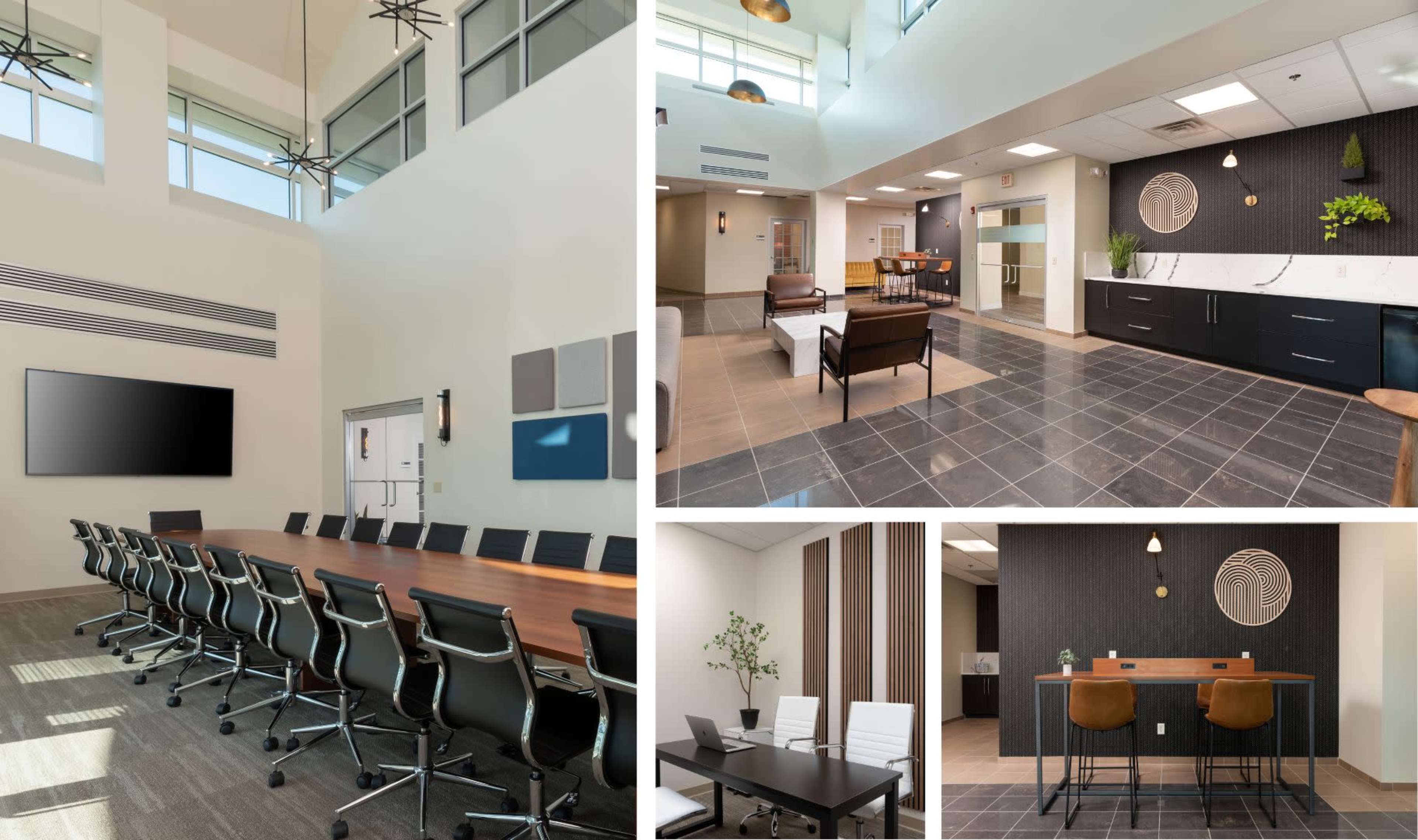 A modern office space featuring a conference room with a long table and chairs, a reception area with seating, and an adjacent workspace with desks and a kitchen-like counter.