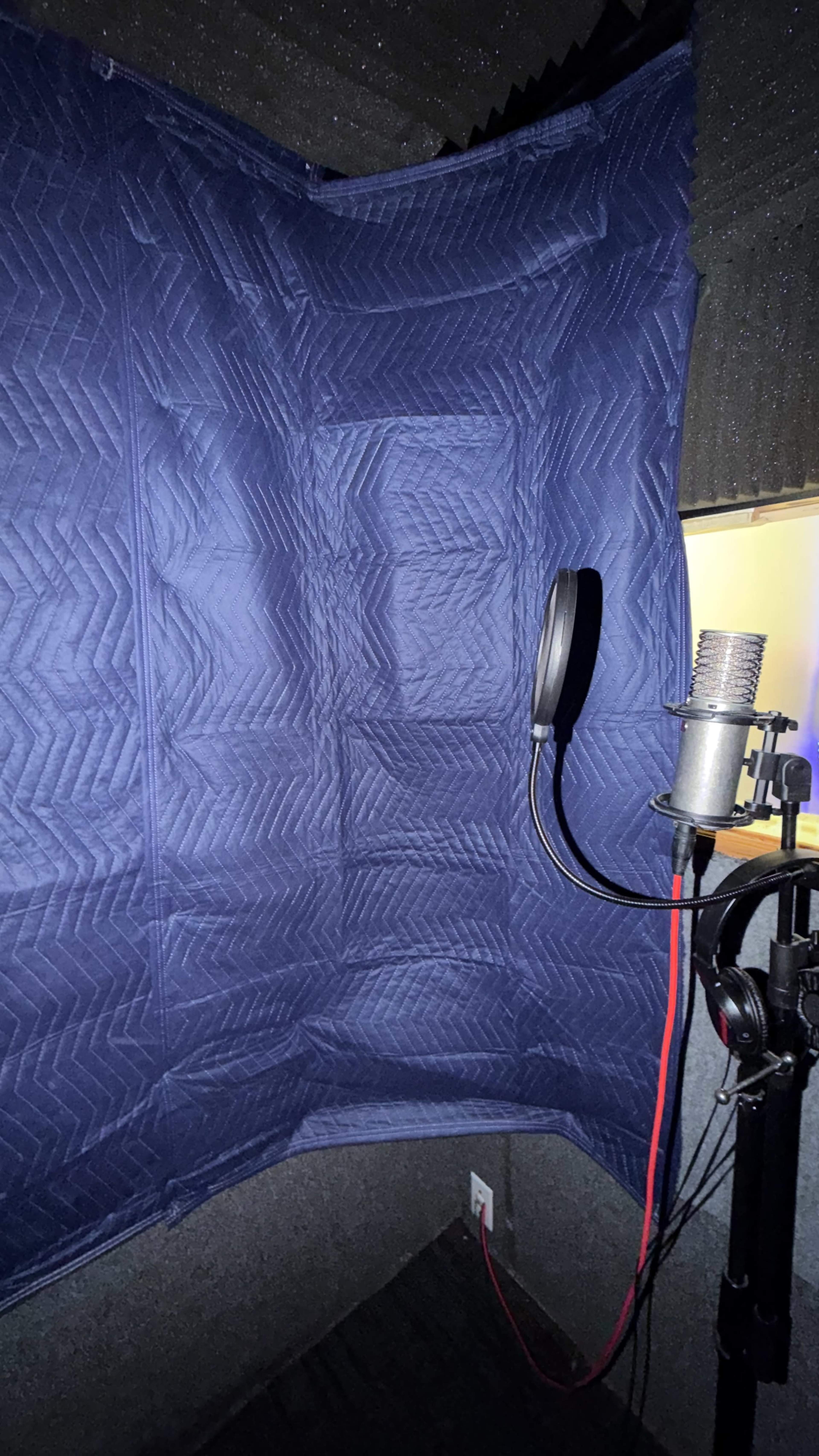 The image shows a microphone mounted on a stand in a soundproof booth lined with blue acoustic panels.