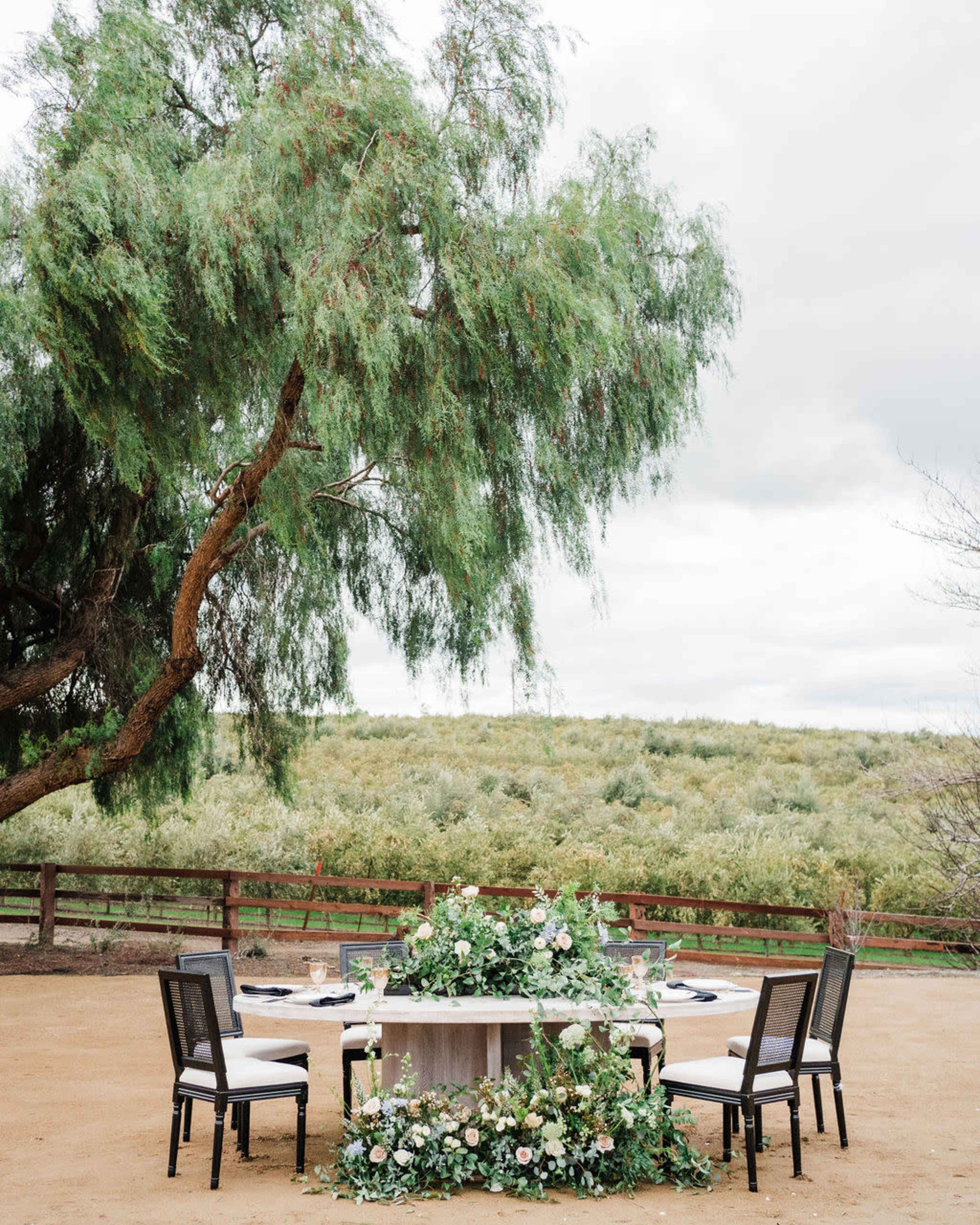 A dining table adorned with floral arrangements is set outdoors under a large tree, surrounded by chairs and a scenic landscape in the background.