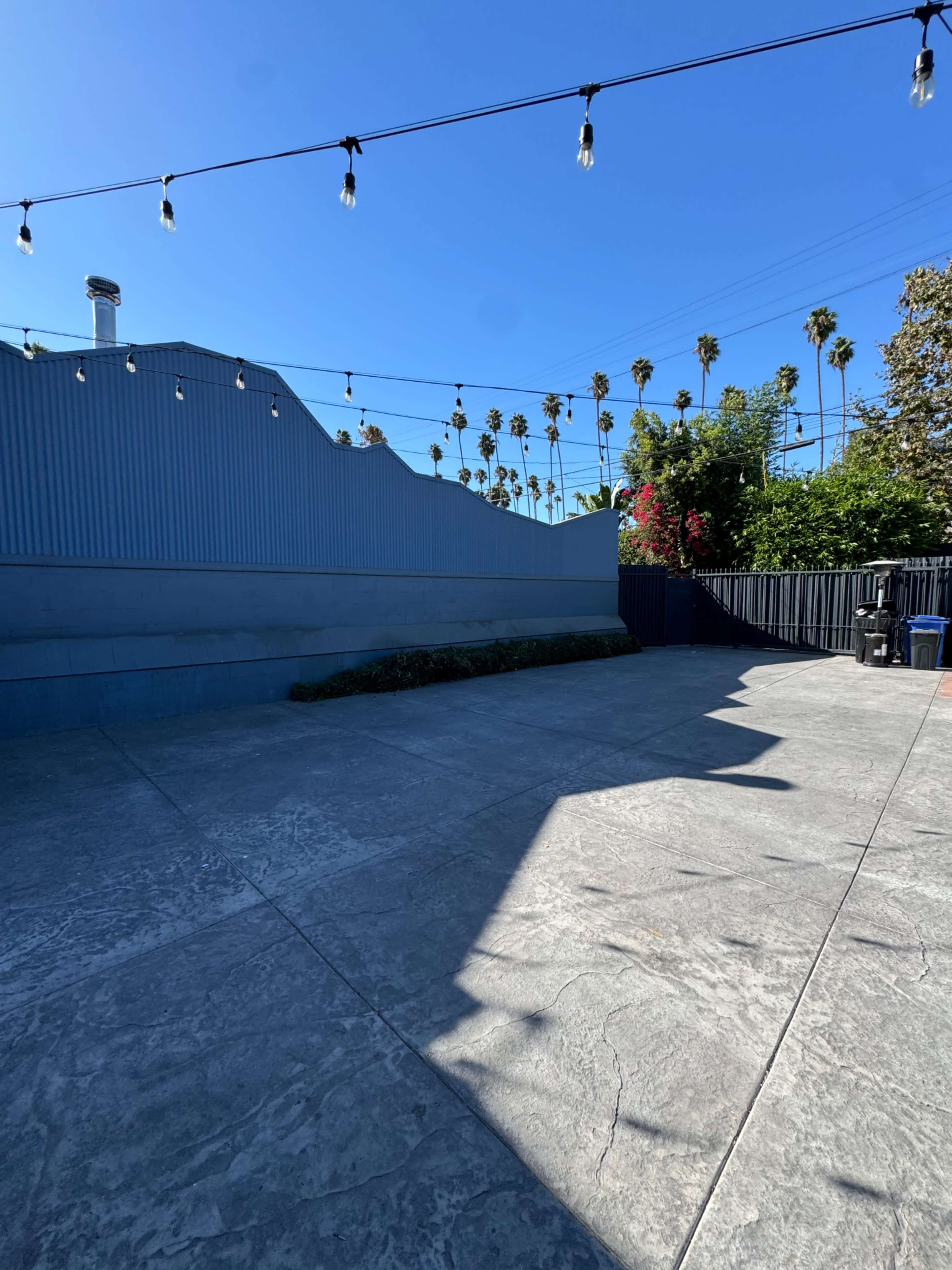 The image shows a spacious outdoor area with a concrete floor, a striped wall, and string lights above, surrounded by palm trees and greenery.