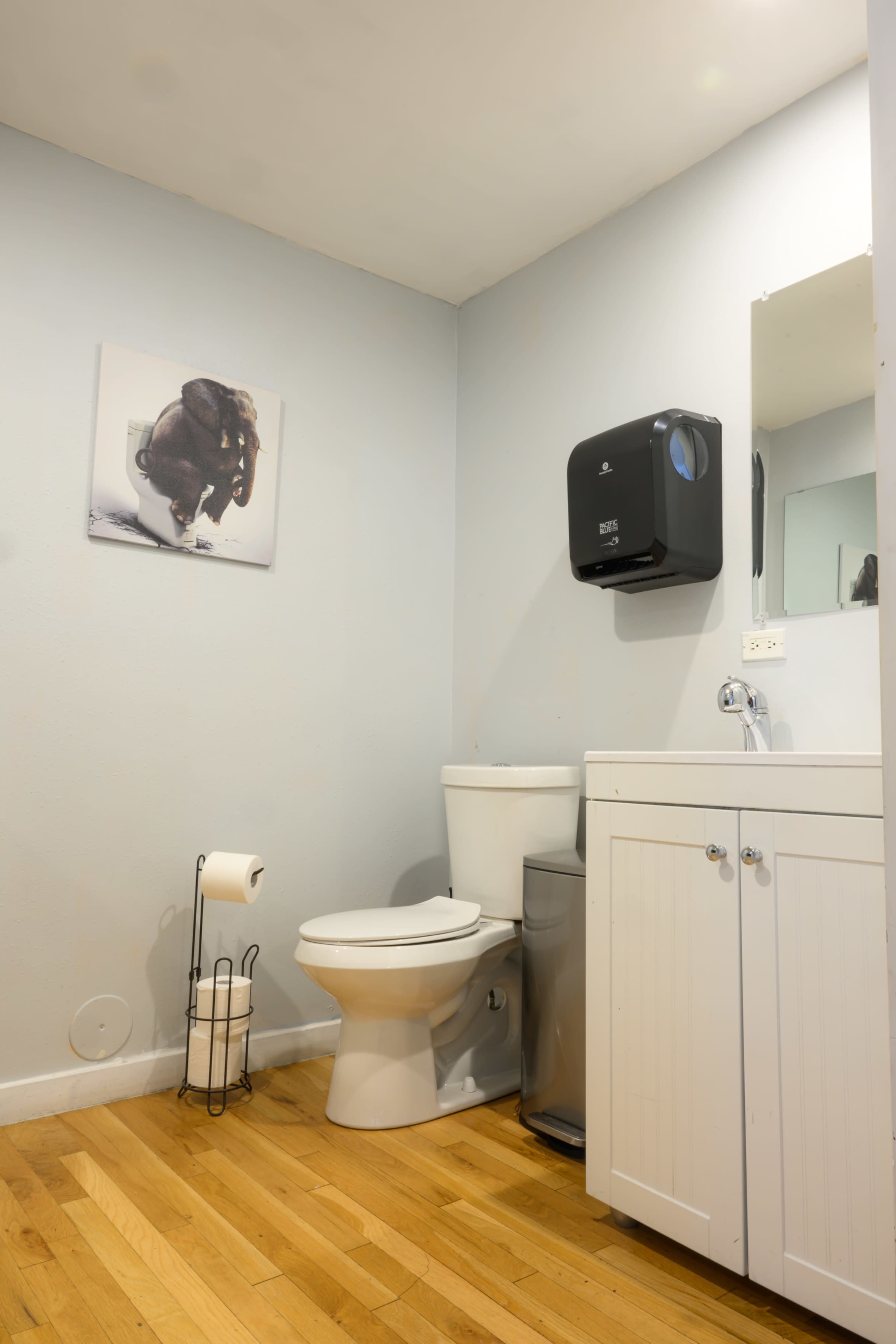 The image shows a clean bathroom featuring a toilet, a sink with a cabinet, a roll of toilet paper, and an elephant picture on the wall.