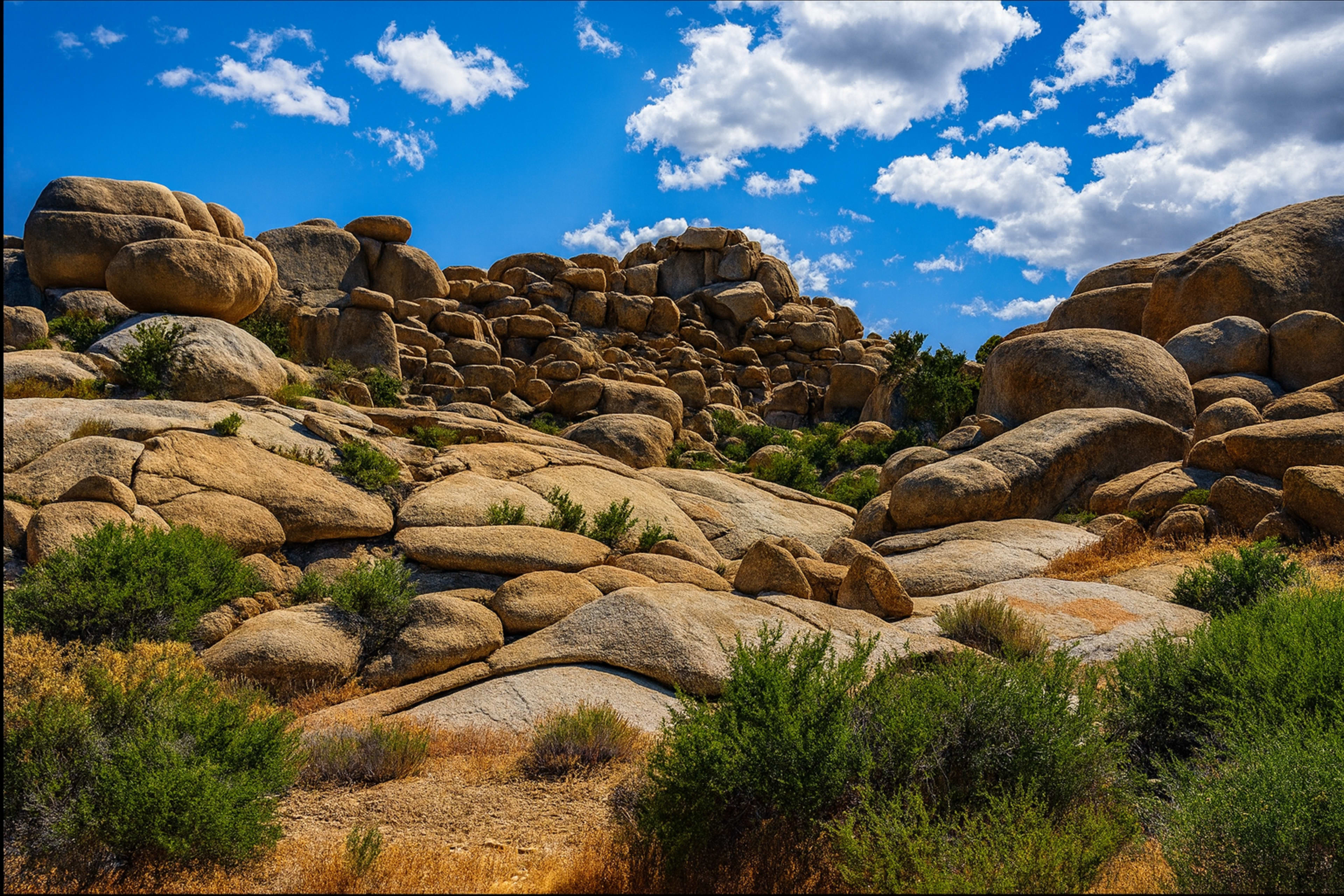 The image shows a rocky landscape with large boulders and scattered shrubs under a bright blue sky with white clouds.
