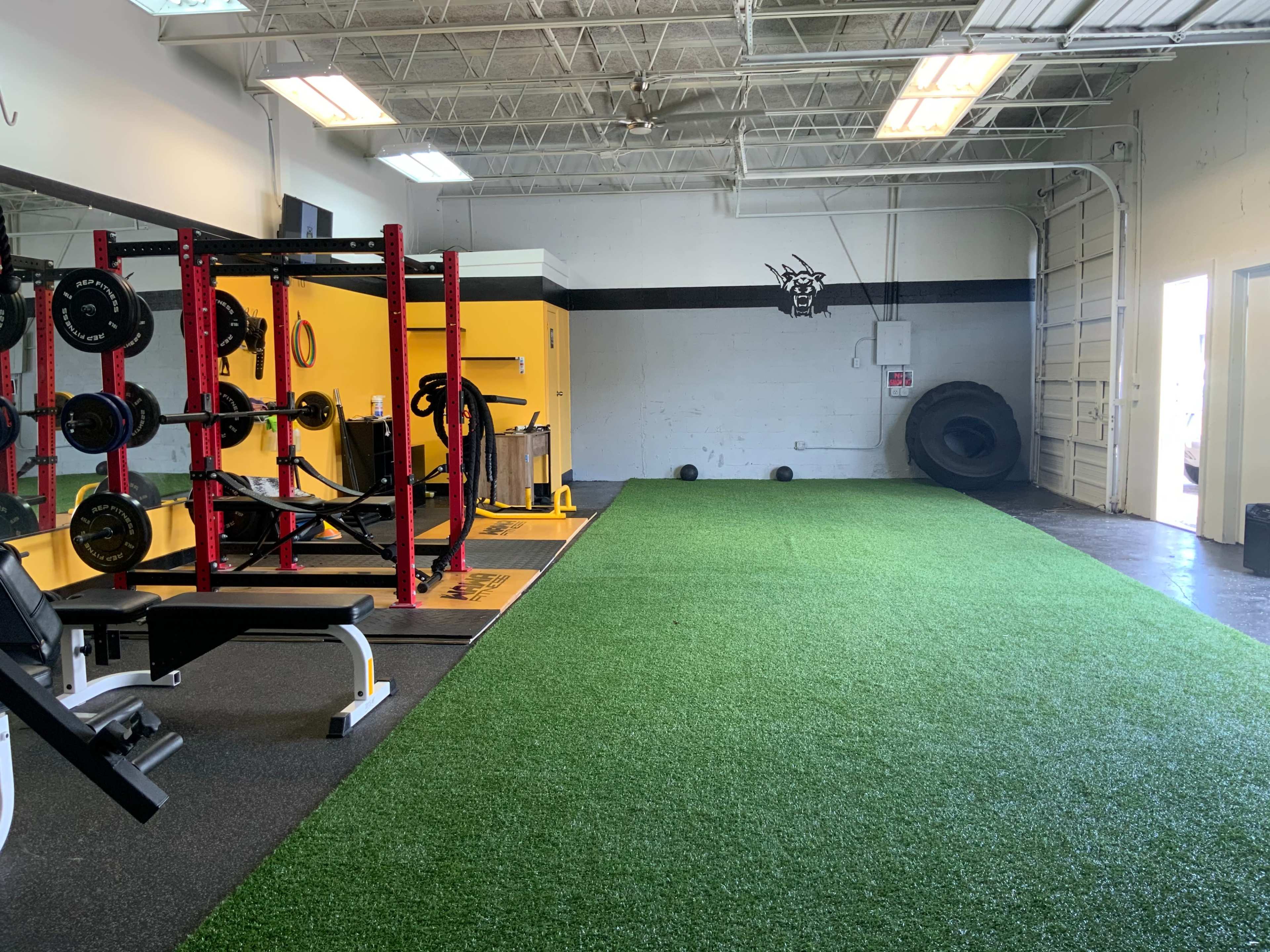 The image shows a gym interior featuring weightlifting equipment, green artificial turf, and a large tire against one wall.