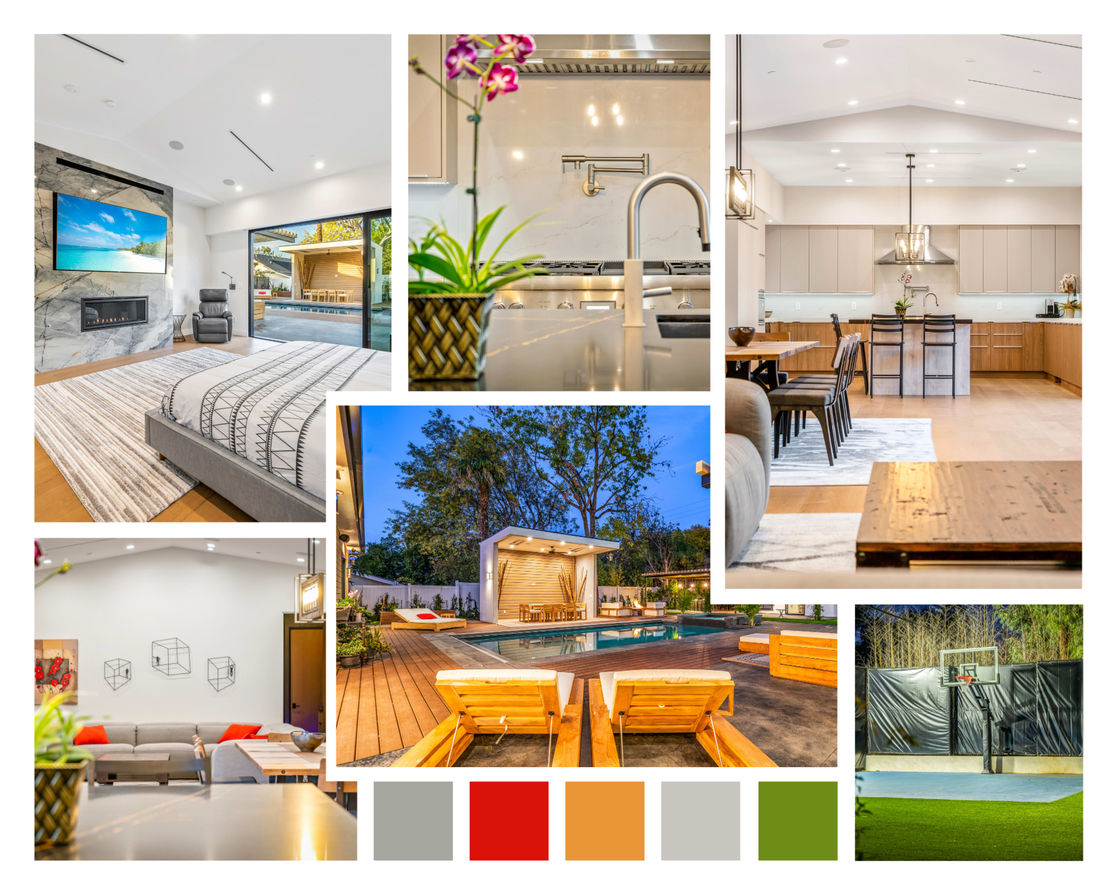 A modern home interior featuring a living area, kitchen, dining space, bedroom, and outdoor pool area.