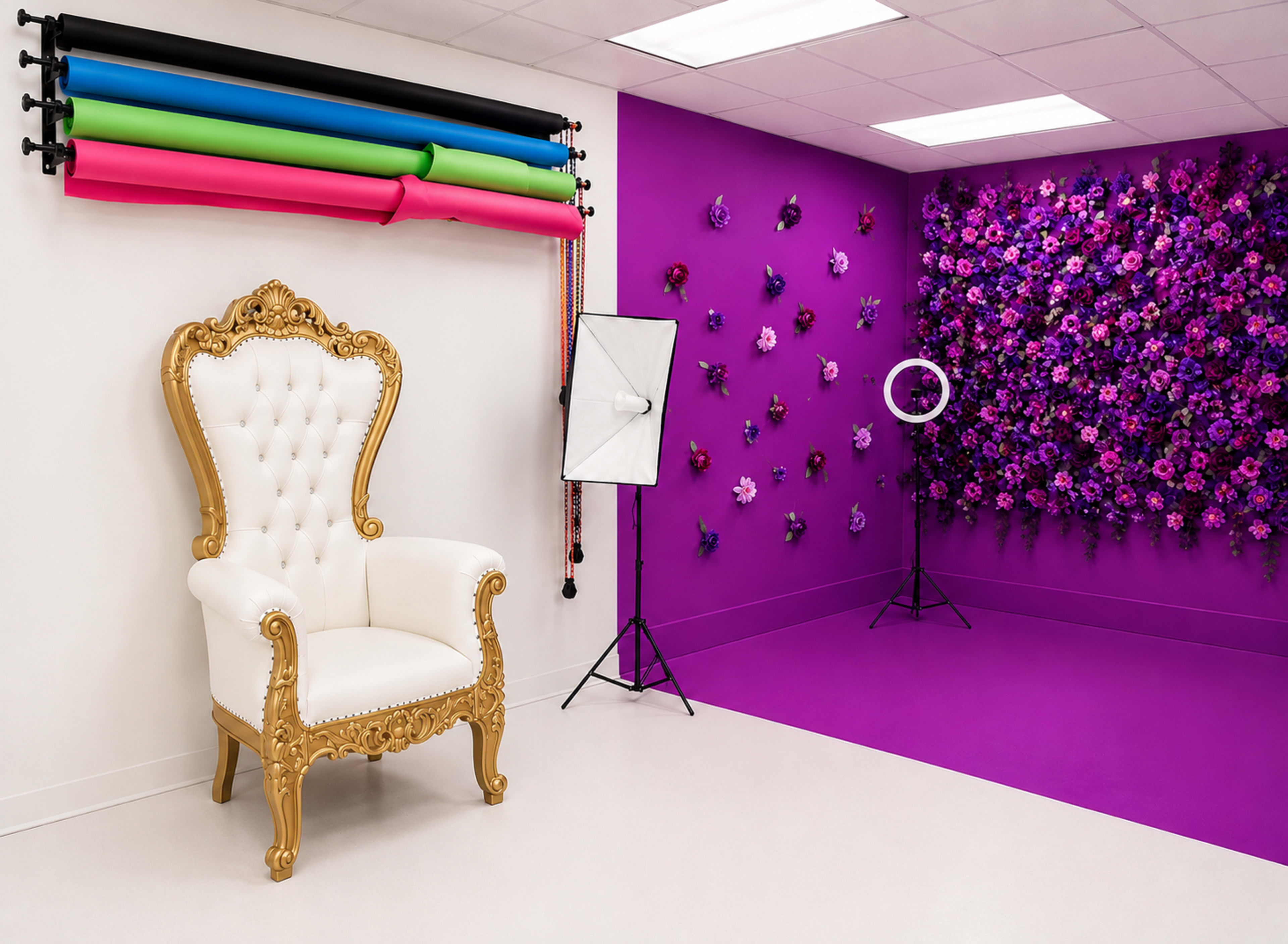 The image shows a photography studio featuring a white ornate chair, colorful backdrops on the wall, and a purple flower wall installation.