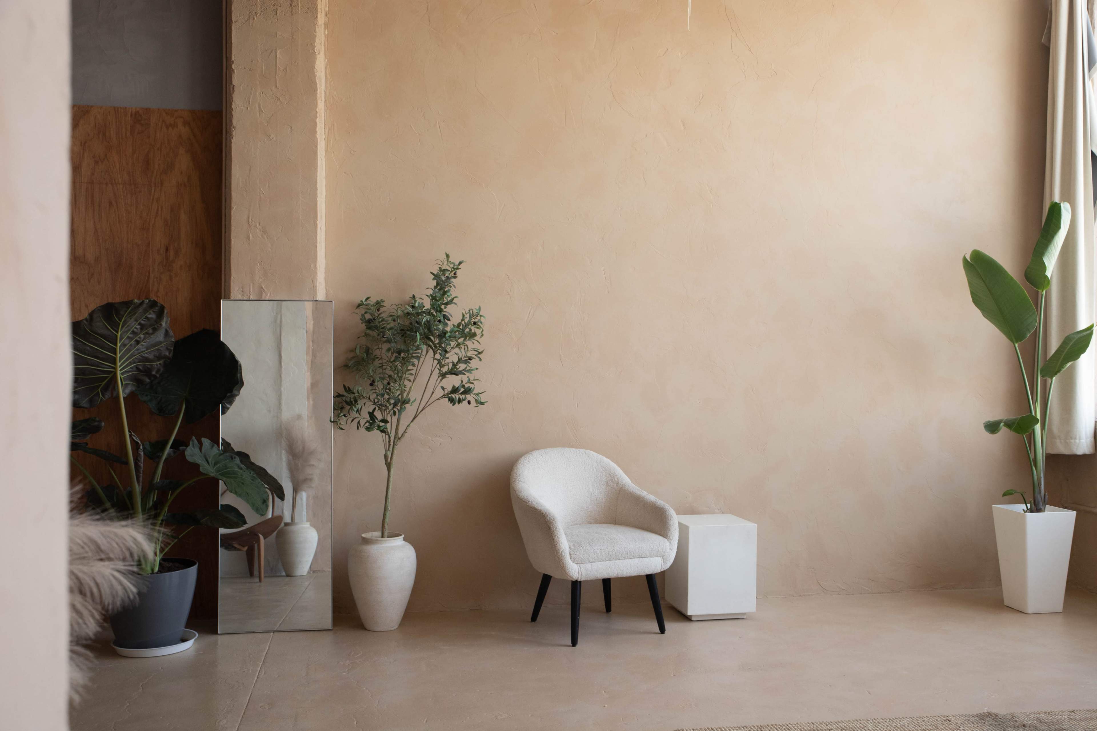 The scene features a minimalistic interior with a cream-colored chair, a small white table, and various potted plants beside a tall mirror against a textured wall.