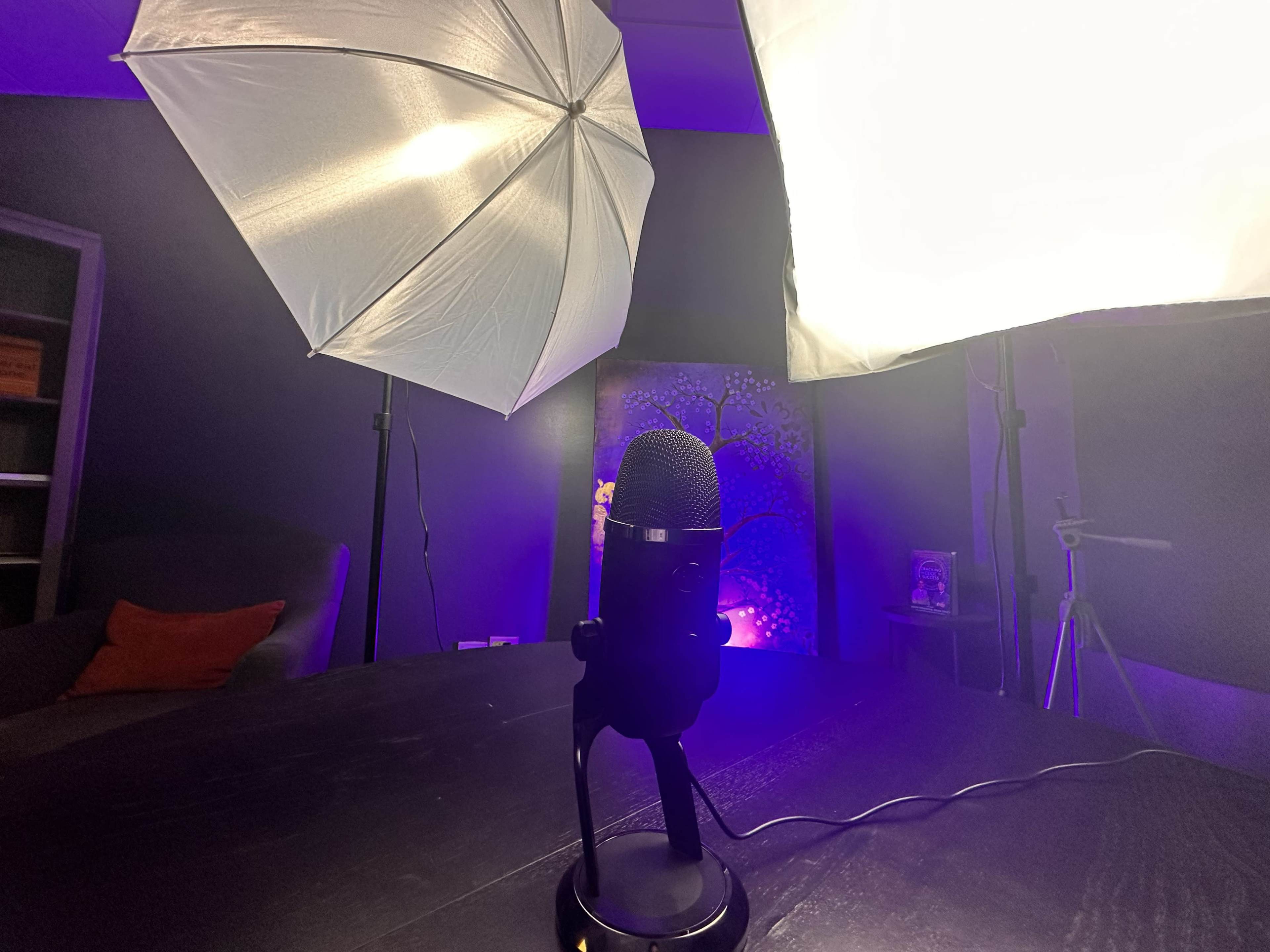 A microphone is positioned on a table between two softbox lights in a dimly lit room.