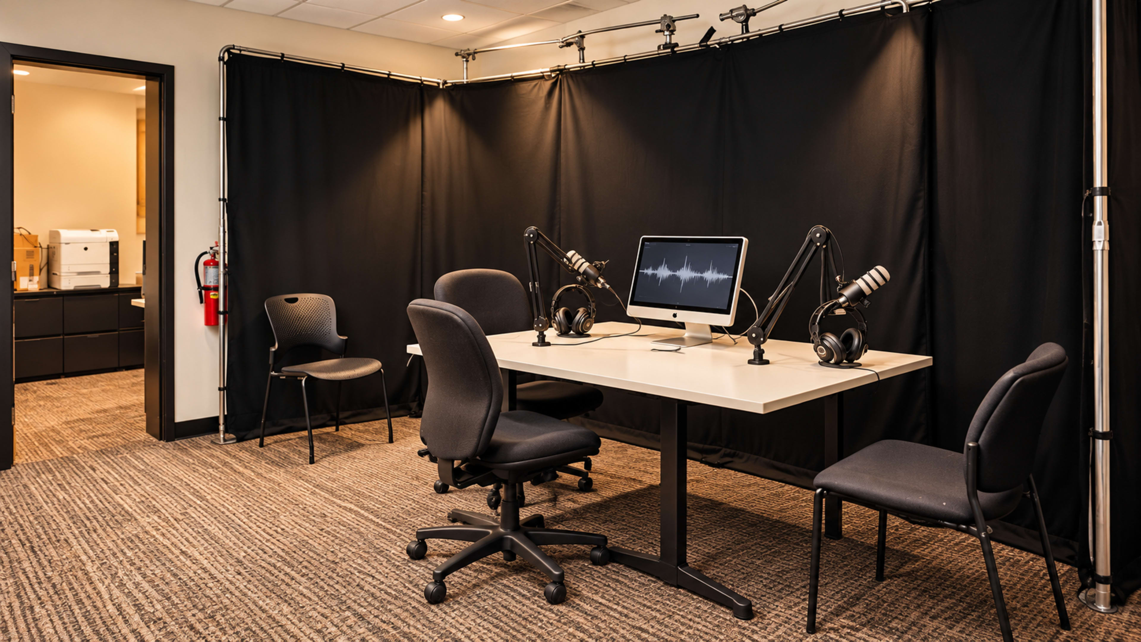 The image shows a small recording studio set up with a desk, computer, and microphones, surrounded by black curtains and featuring several chairs.