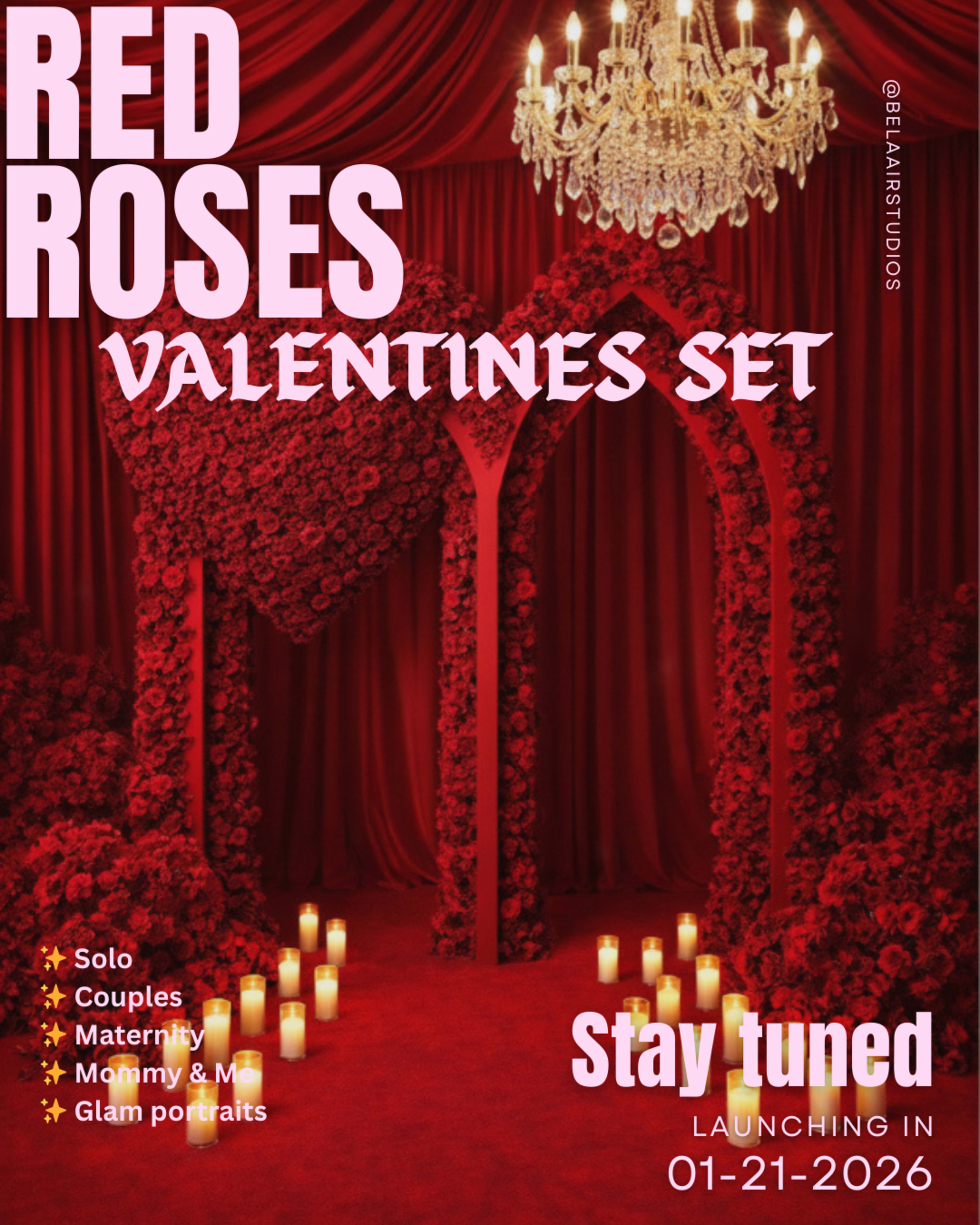 The image features a lavish backdrop of red roses shaped into heart designs, illuminated by candles and a chandelier, promoting a Valentine's Day photography set.