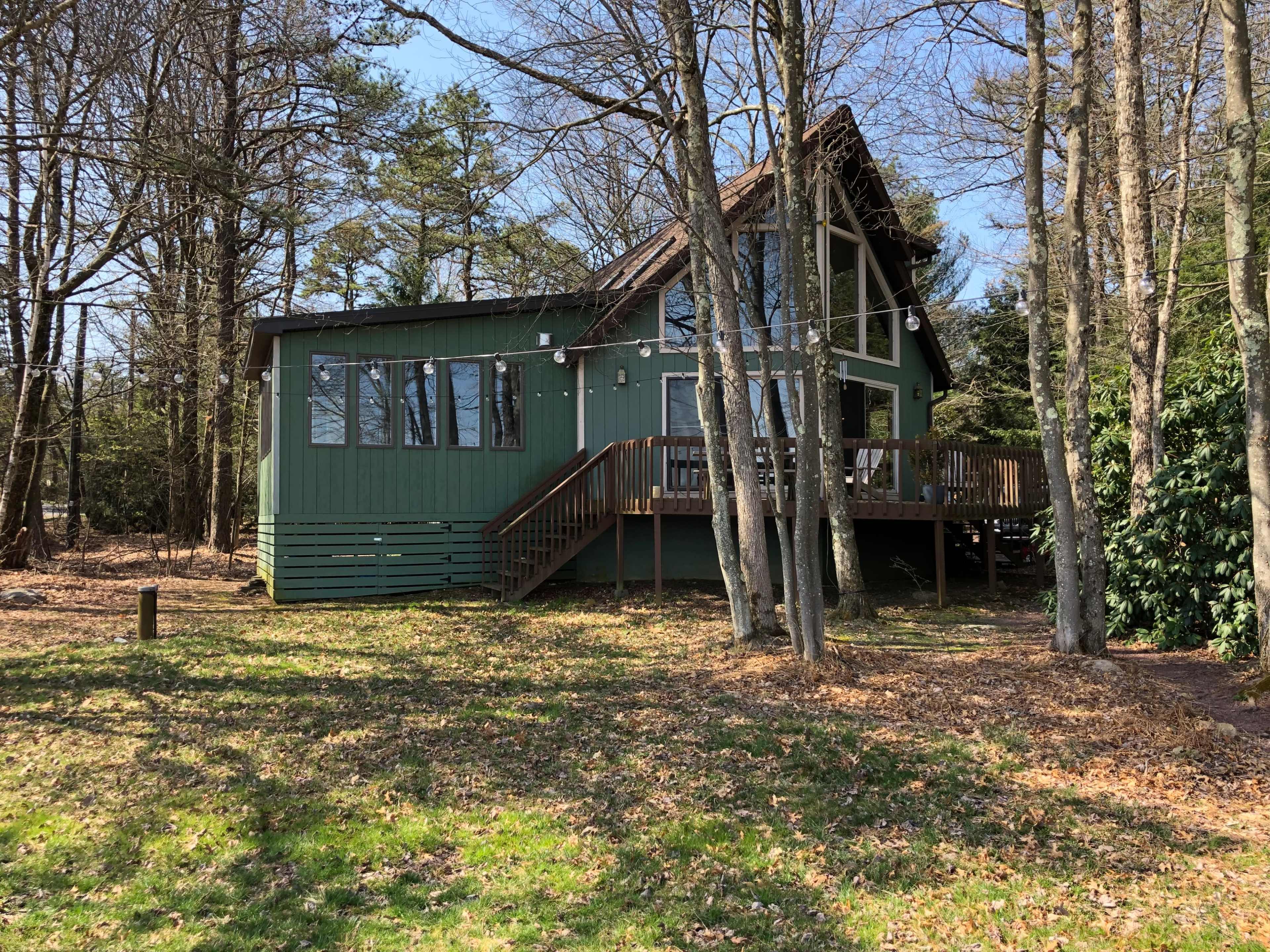A green house with large windows and a deck is surrounded by trees and fallen leaves on the ground.