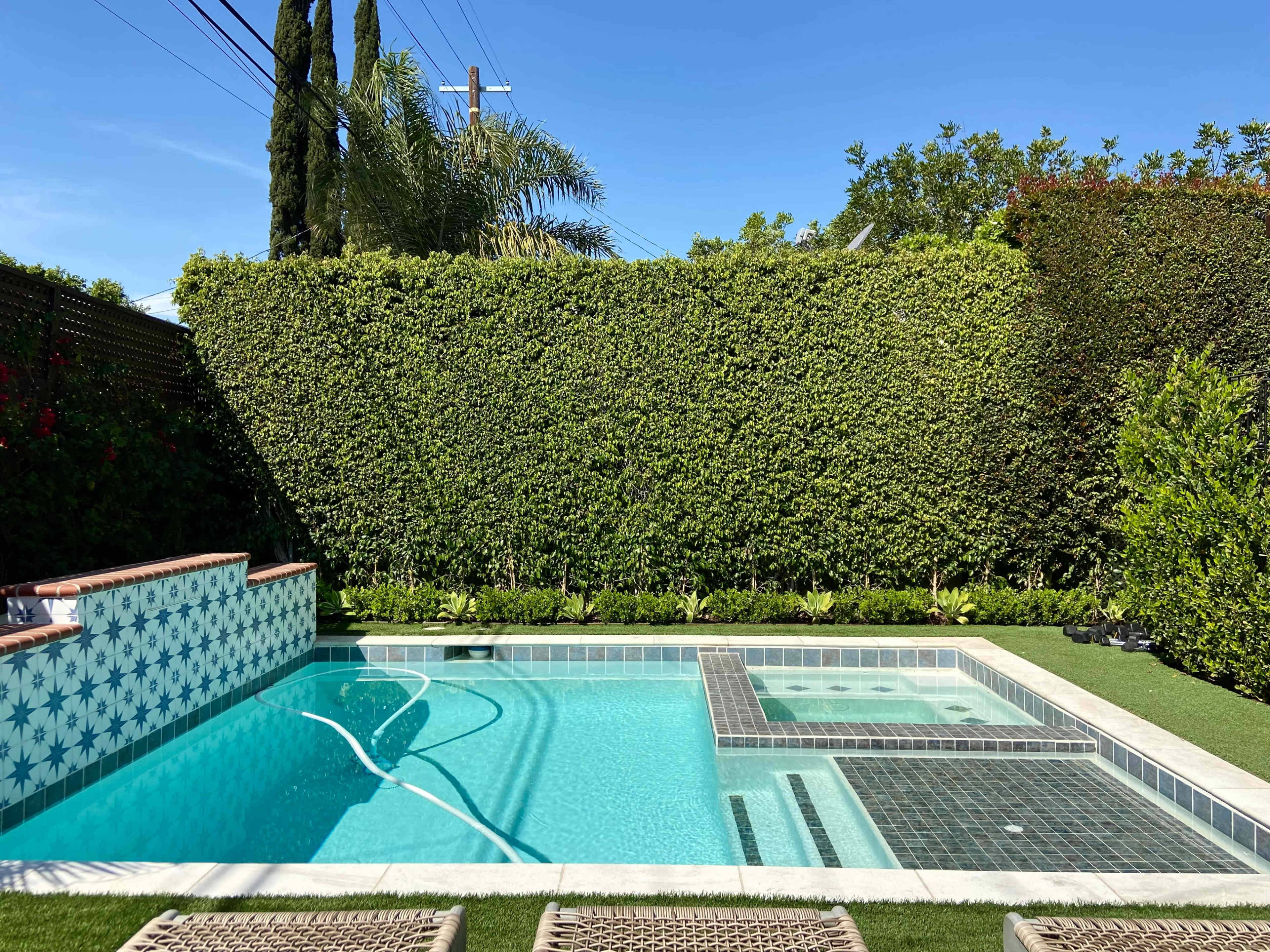 The image shows a swimming pool surrounded by a lush green hedge and neatly manicured landscaping.