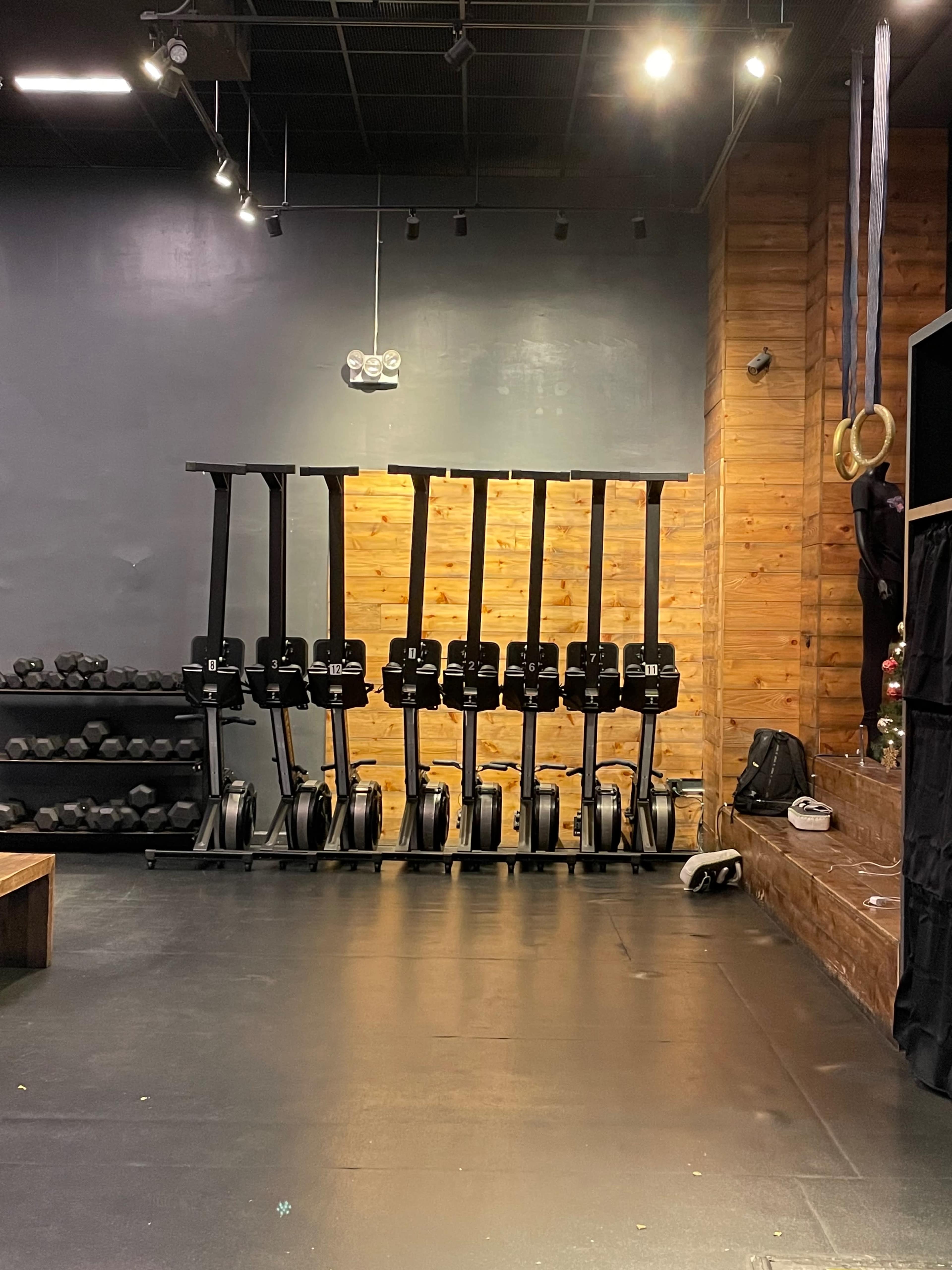 A gym interior with a row of indoor rowing machines lined up against a wooden wall, along with a rack of weights in the background.