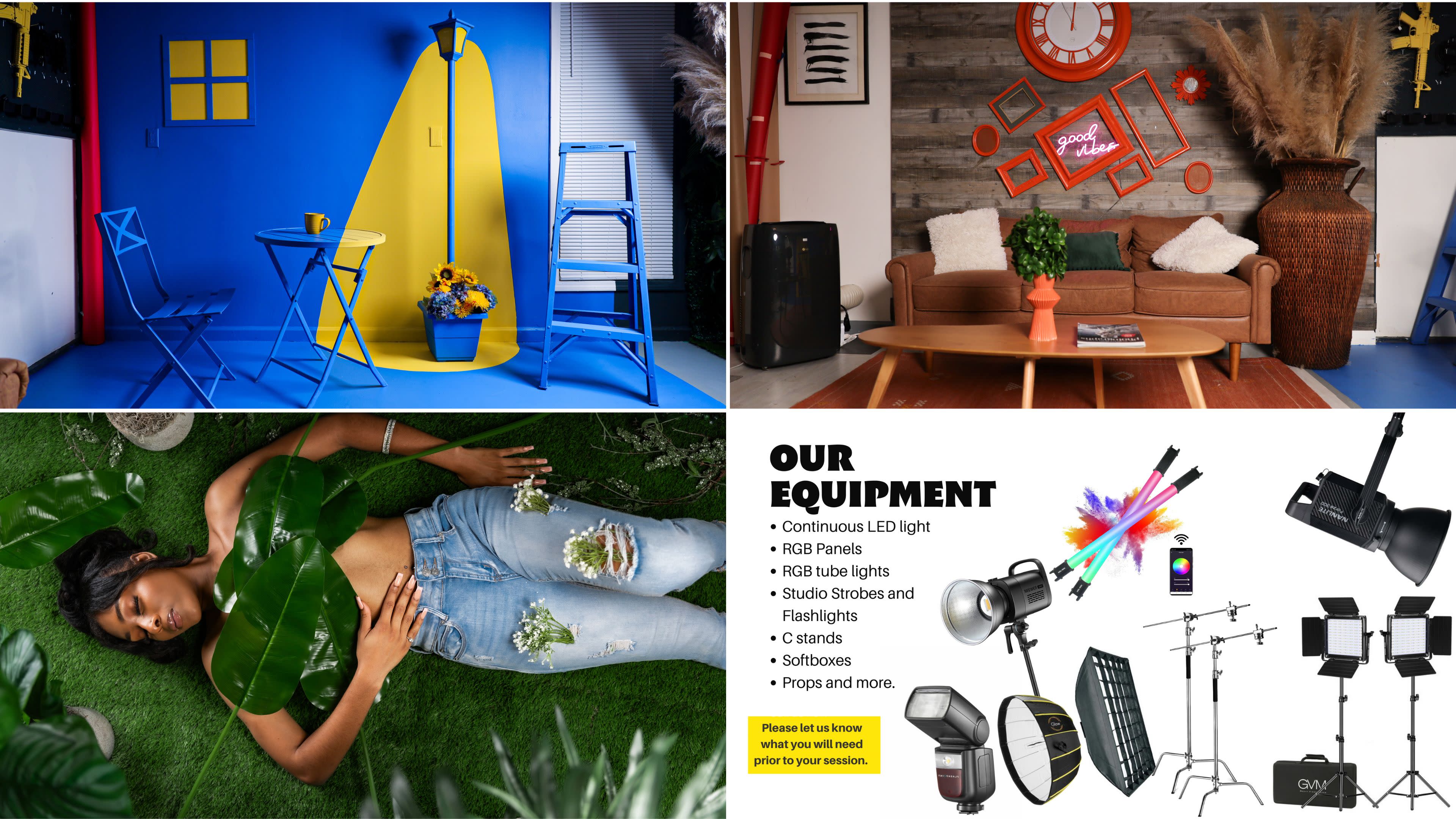 Two distinct sections: an indoor space with colorful furniture and decor, and a model lying on green foliage, accompanied by a visual display of photo equipment for rent.