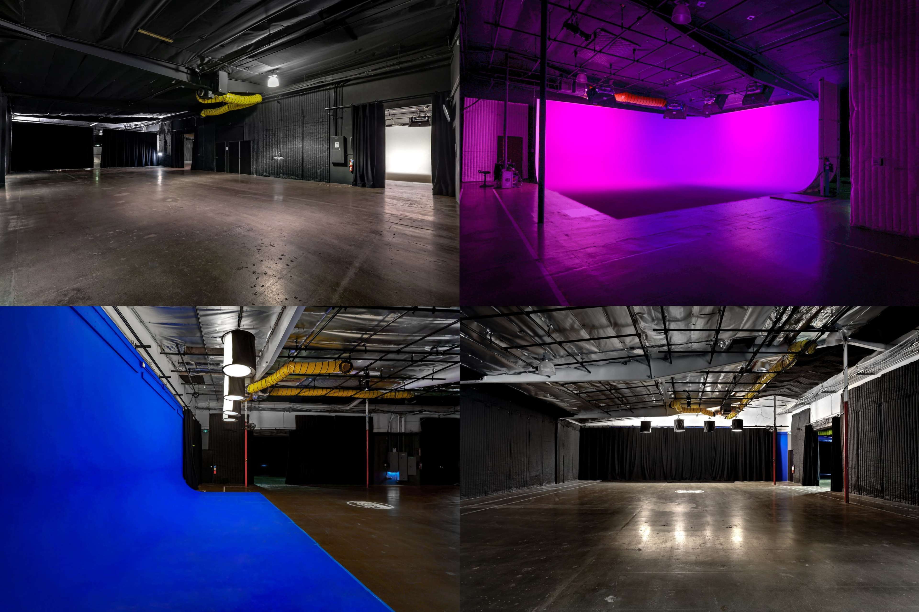 Four different studio spaces, each featuring distinct backdrop colors: one with a purple backdrop, another with a blue backdrop, and the remaining two with black curtains and a dimly lit floor.