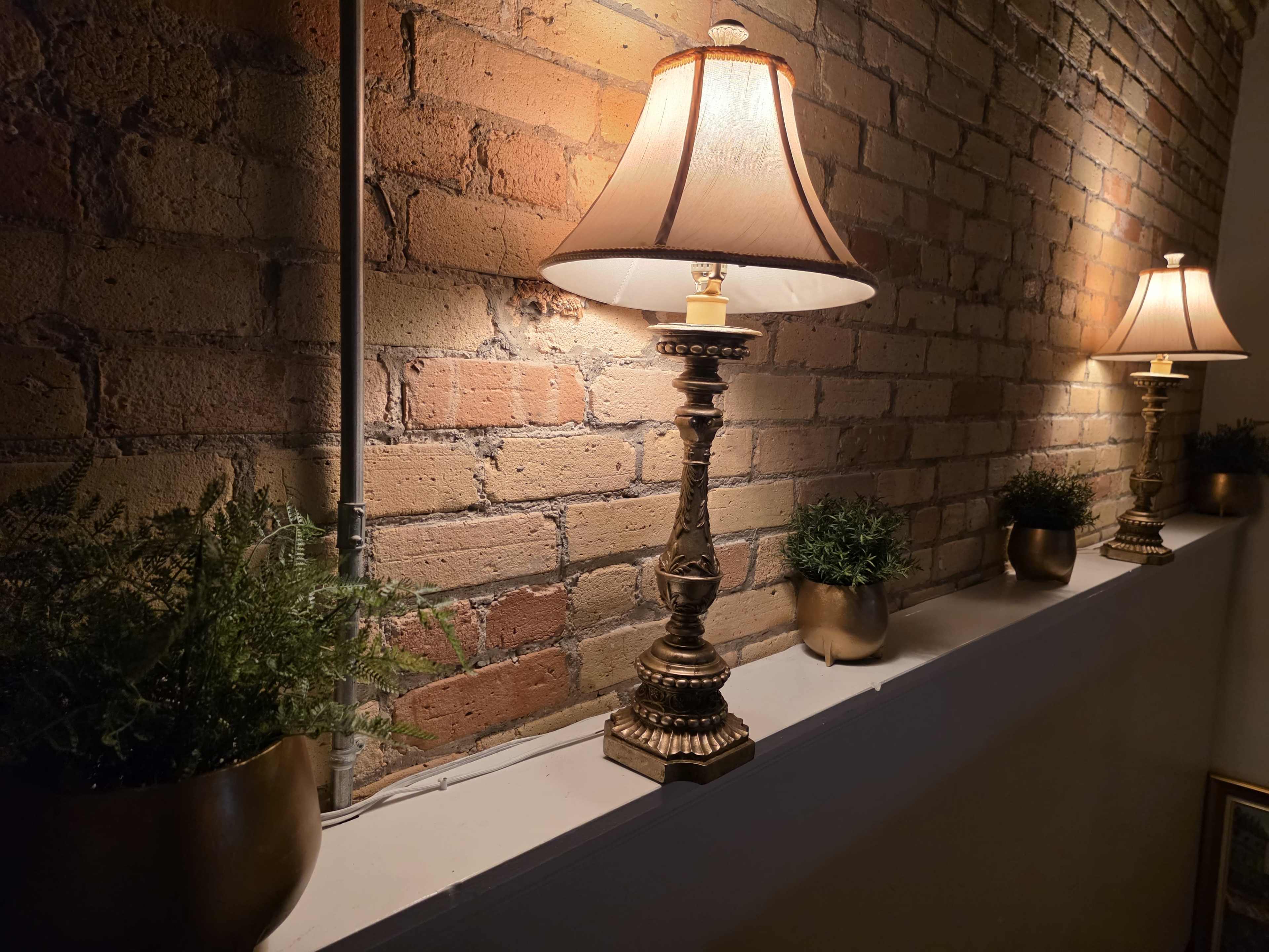 The image shows a wall with two decorative lamps and small potted plants on a ledge, set against a brick background.