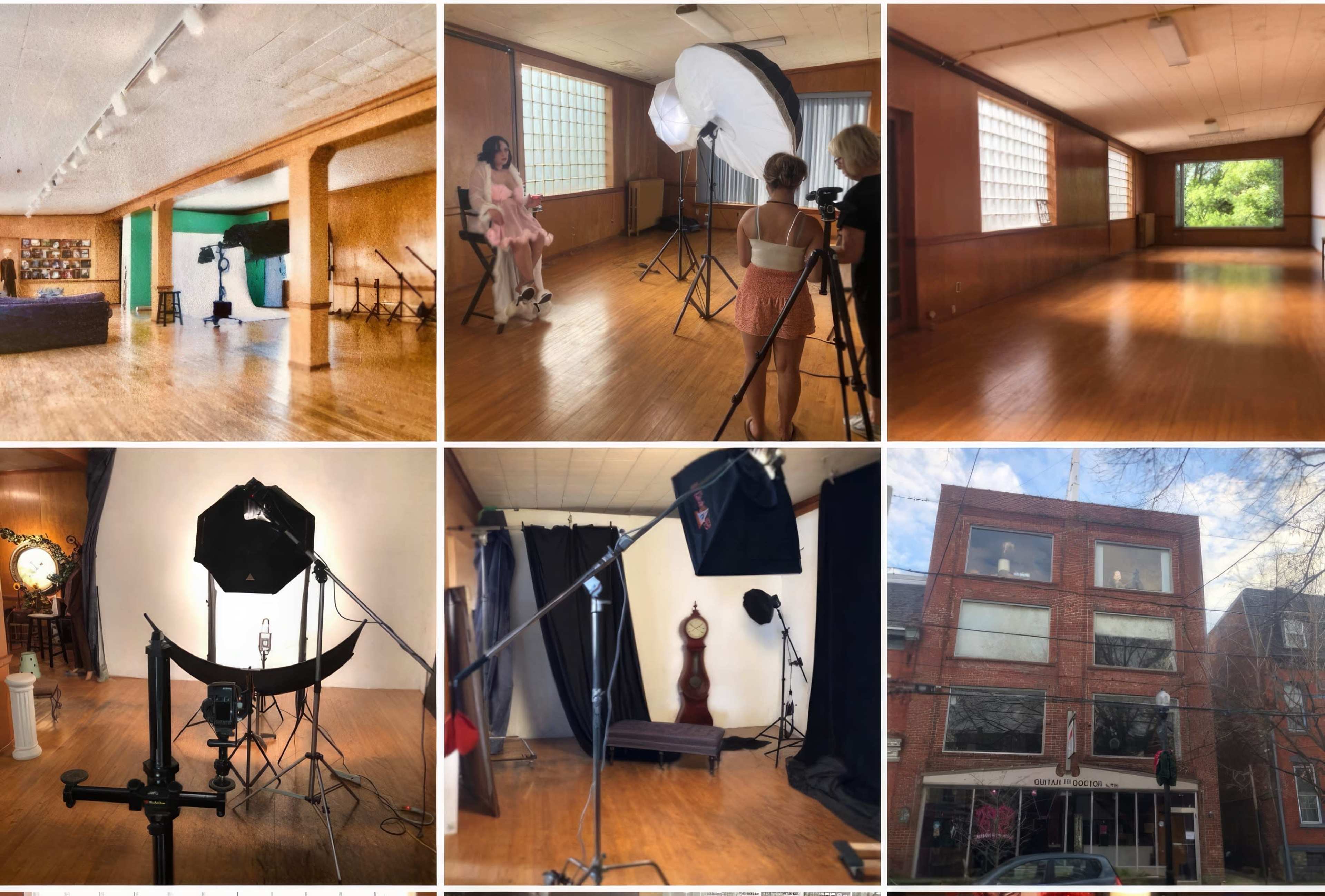 A photography studio with multiple setups, including backdrops, lighting equipment, and a model posing, all situated in a spacious room with wooden flooring and large windows.