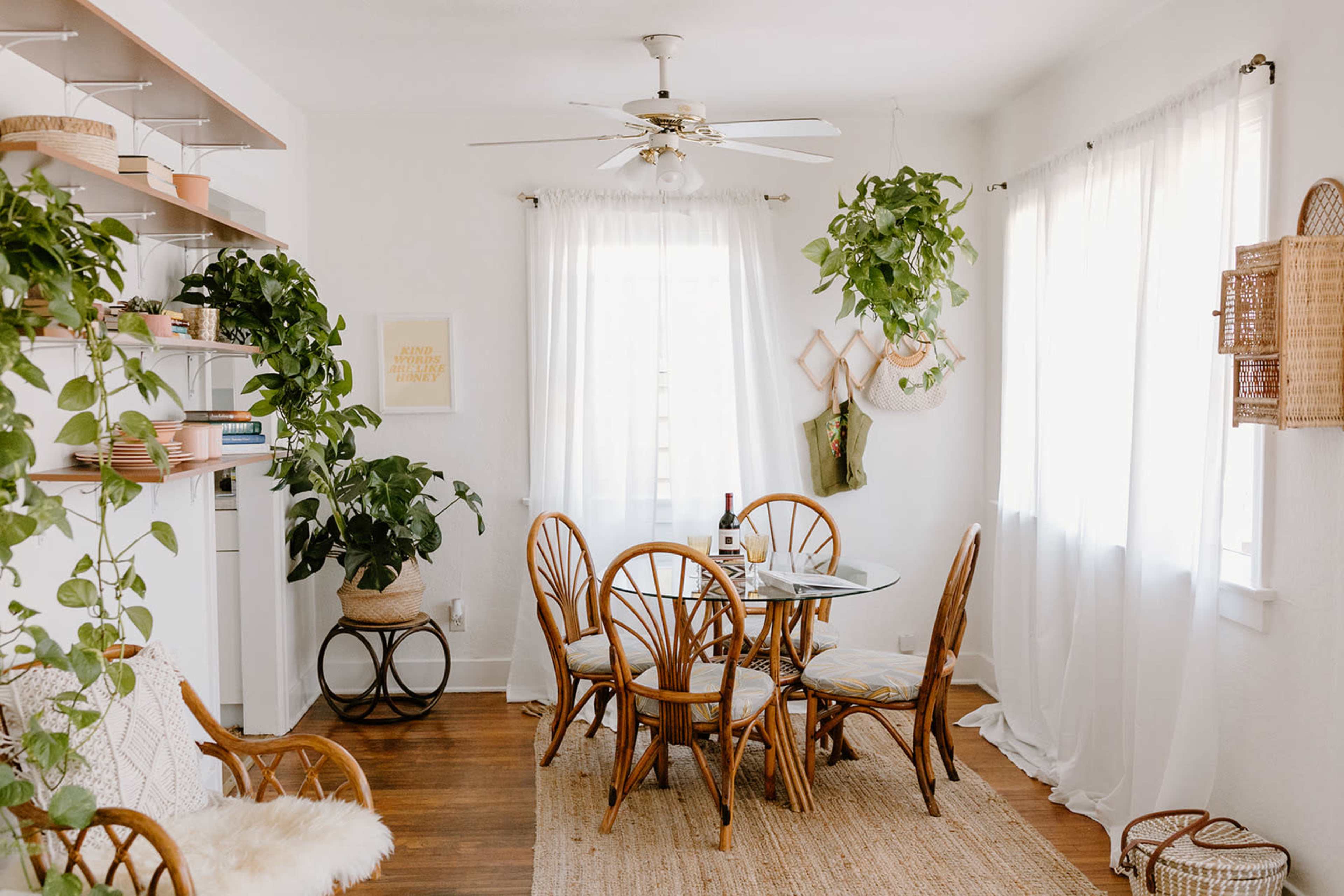 A bright dining area features a glass table surrounded by rattan chairs, with plants on shelves and hanging from the ceiling.