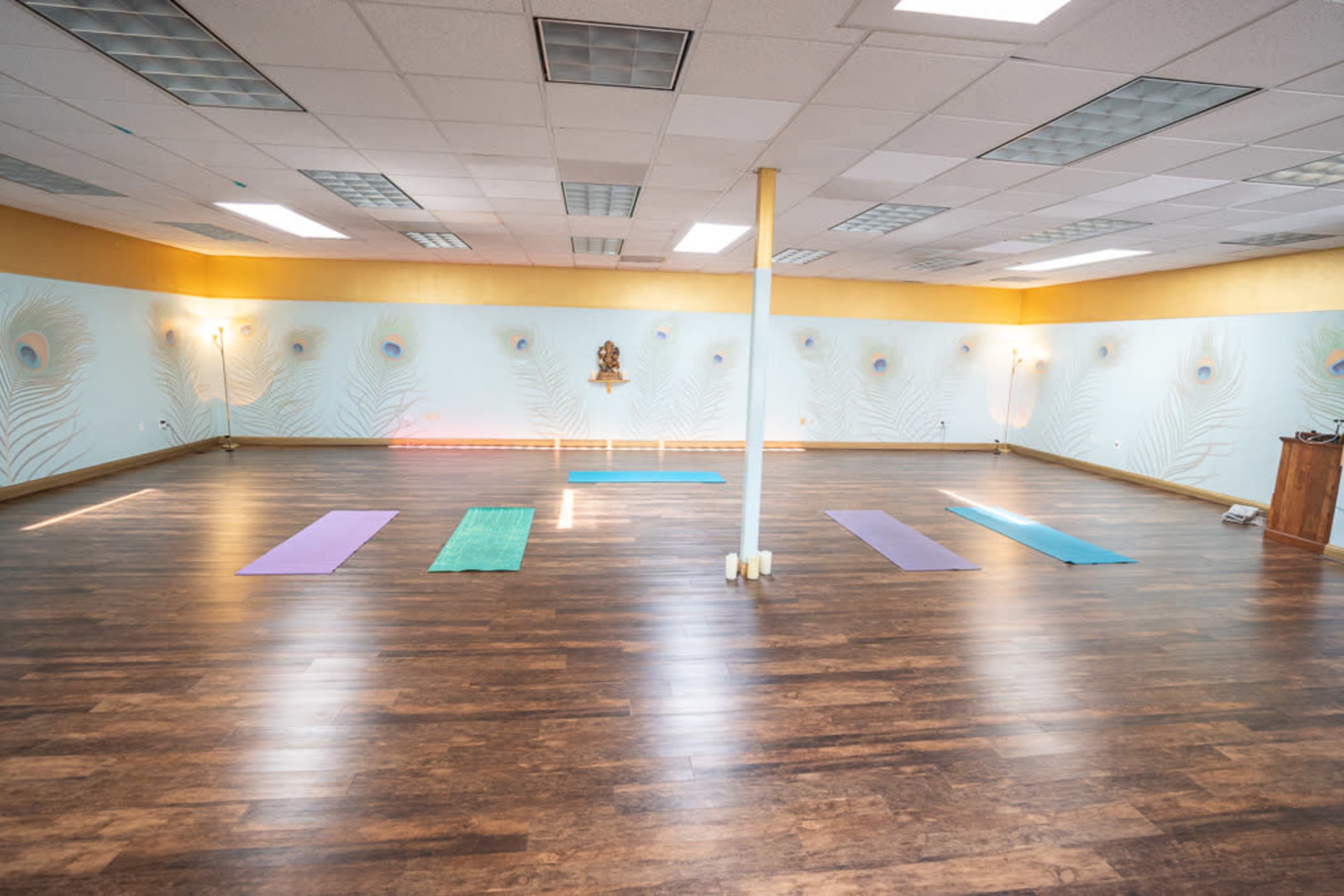 The image shows a spacious yoga studio with wooden flooring, decorated with peacock feather murals and multiple colorful yoga mats arranged on the floor.